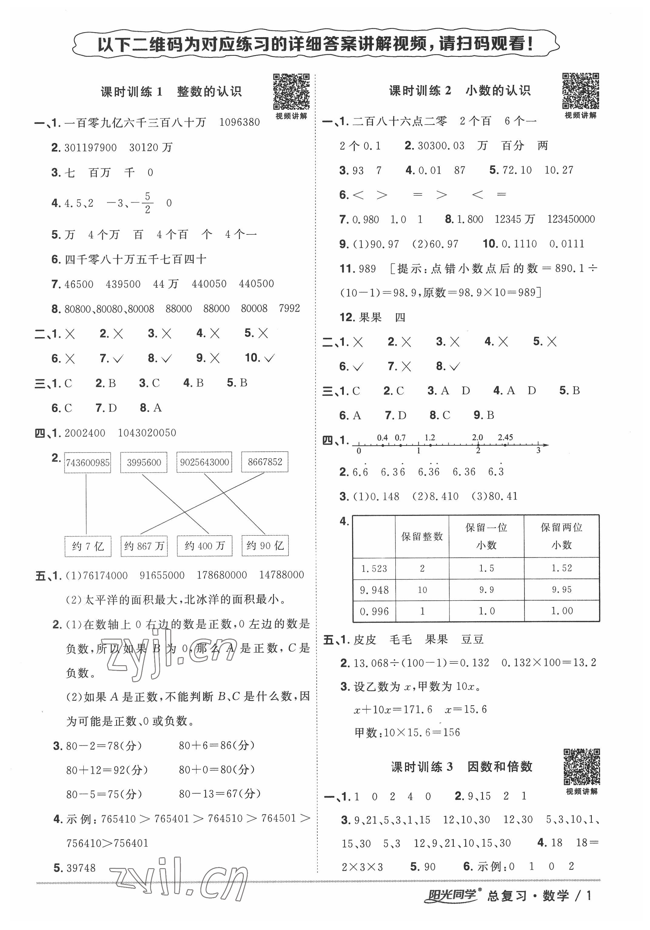 2022年阳光同学小学毕业升学系统总复习数学 参考答案第1页