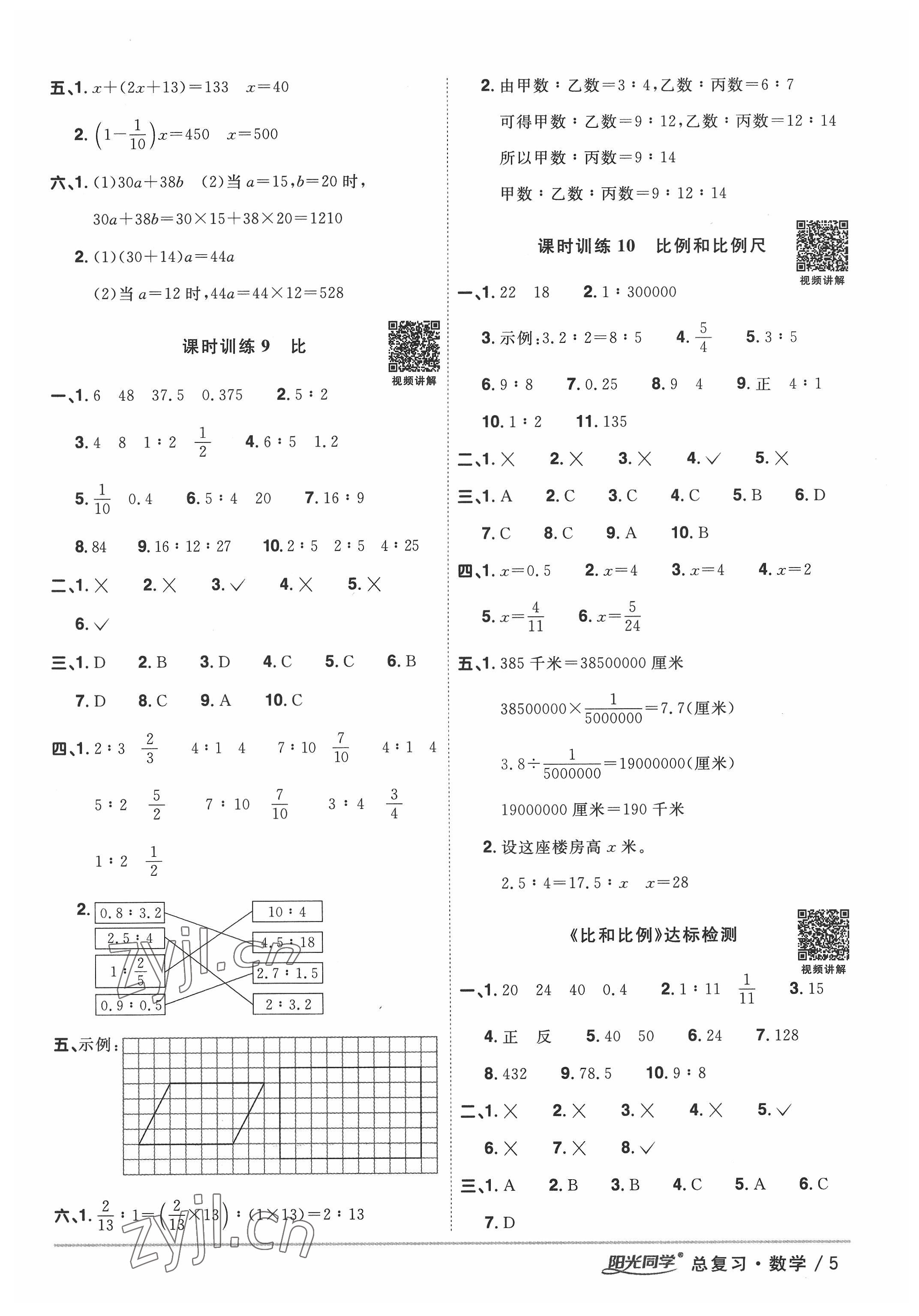 2022年阳光同学小学毕业升学系统总复习数学 参考答案第5页