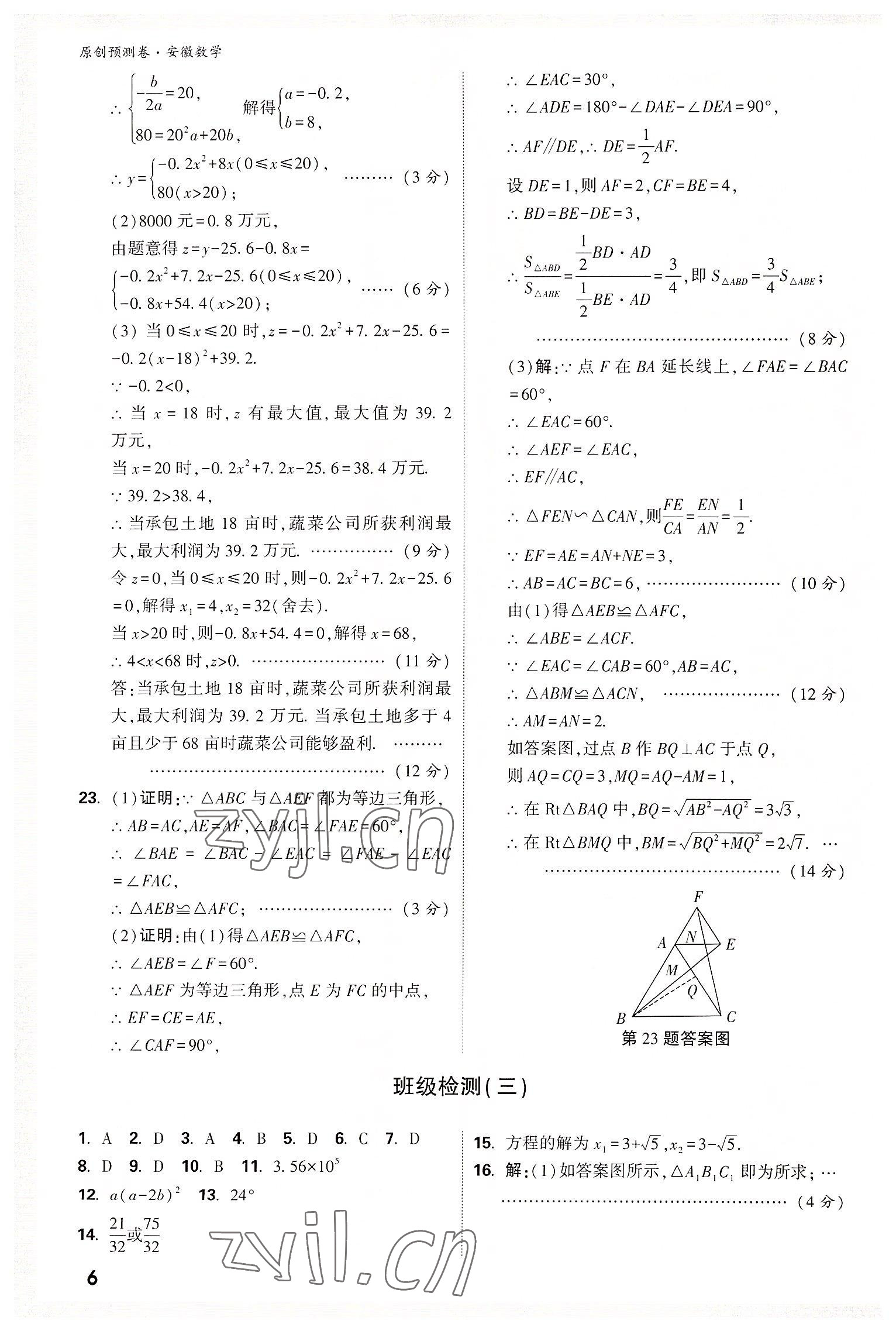 2022年萬唯中考原創(chuàng)預(yù)測卷數(shù)學(xué)中考安徽專版 參考答案第5頁