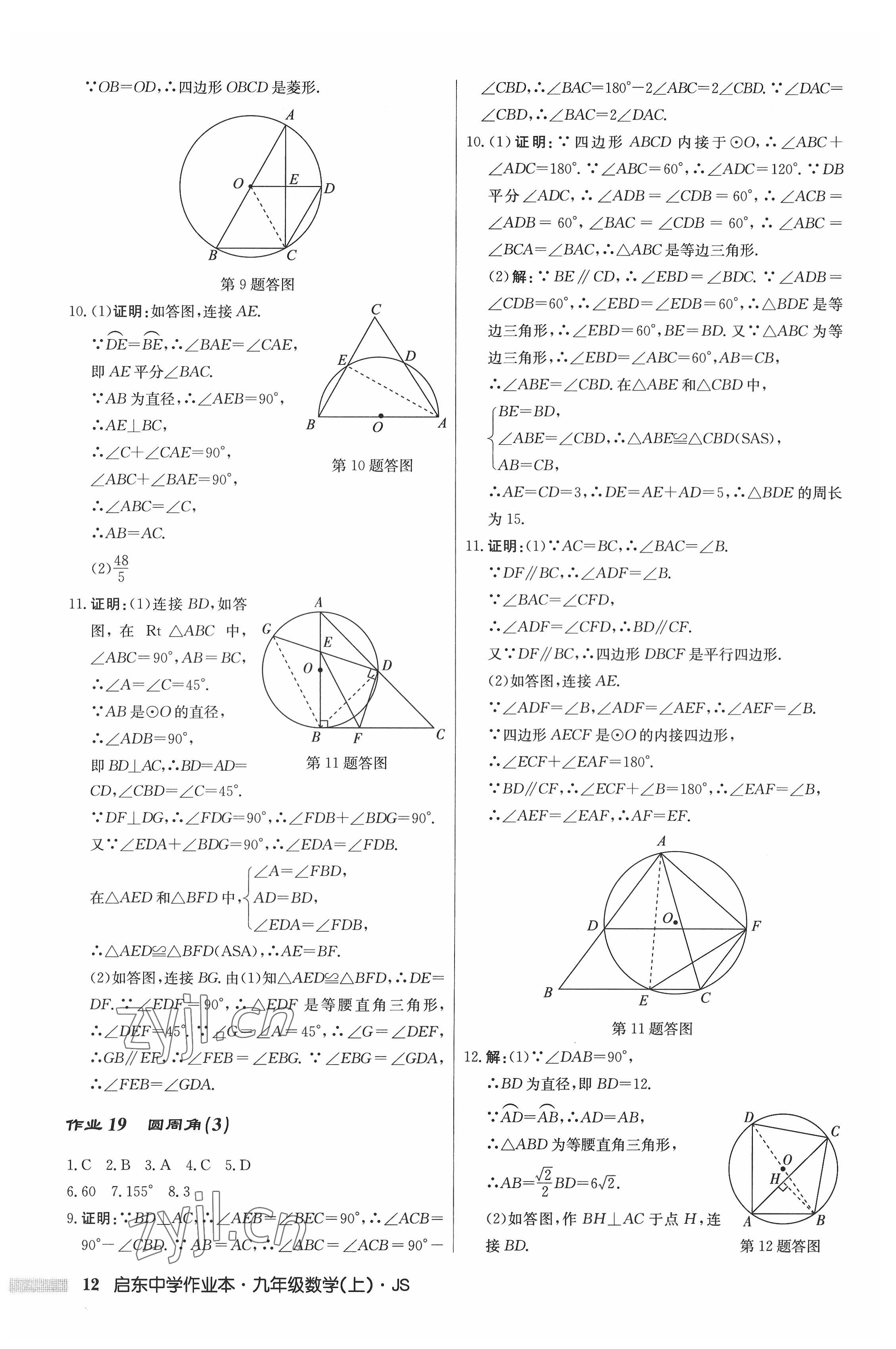 2022年启东中学作业本九年级数学上册江苏版 参考答案第12页