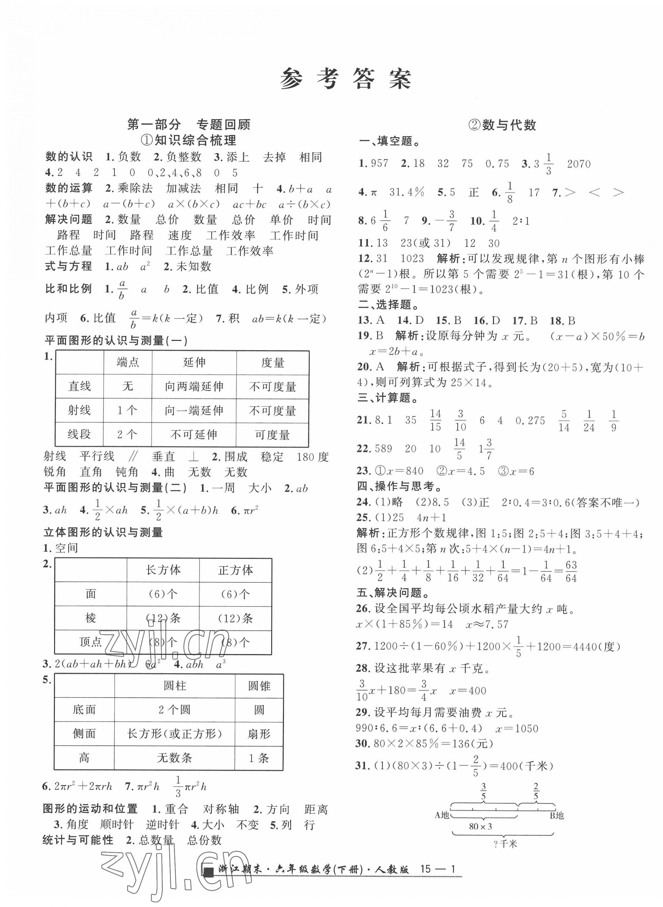 2022年勵耘書業(yè)浙江期末六年級數(shù)學(xué)下冊人教版 第1頁