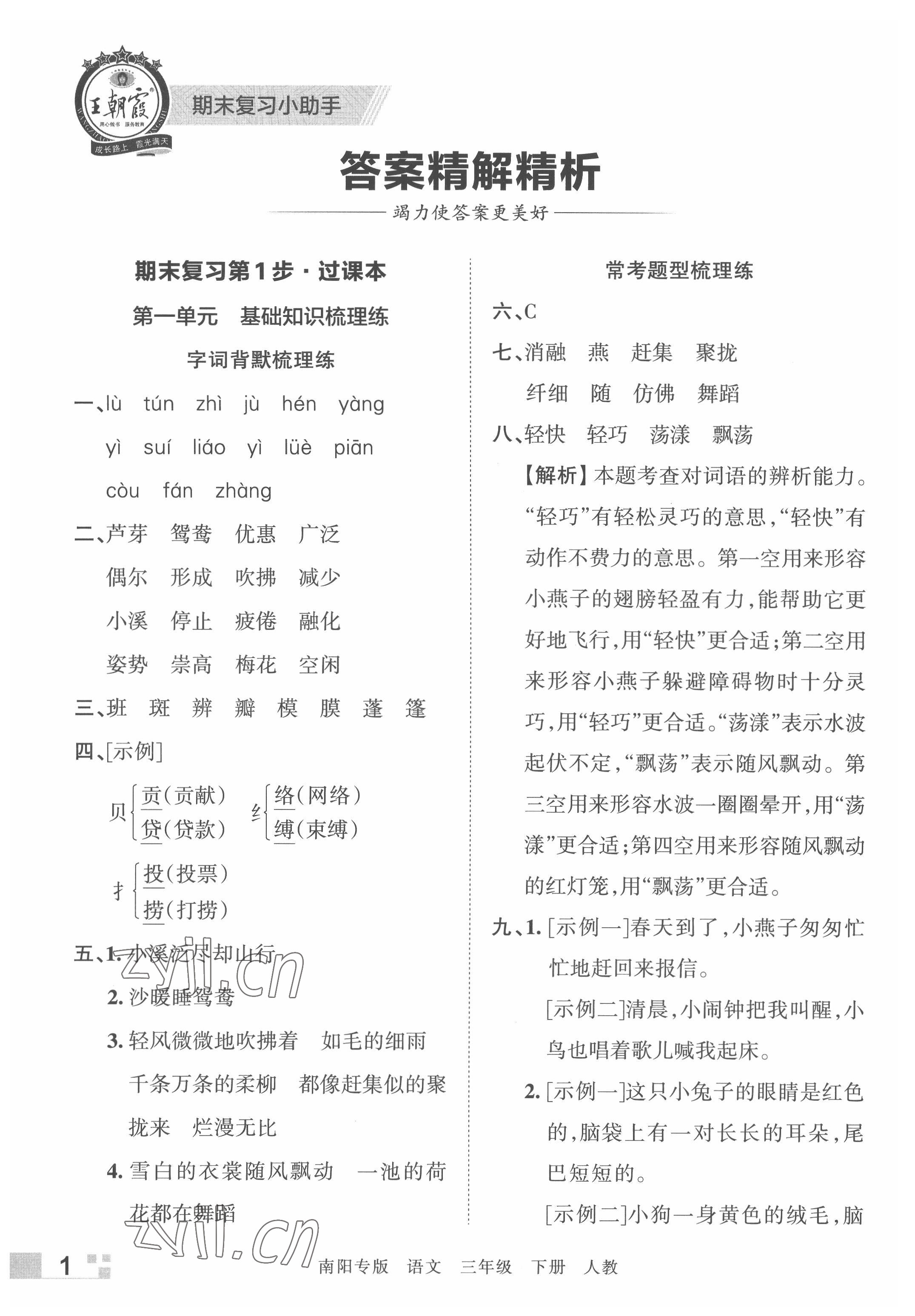 2022年王朝霞期末真題精編三年級(jí)語(yǔ)文下冊(cè)人教版南陽(yáng)專版 參考答案第1頁(yè)