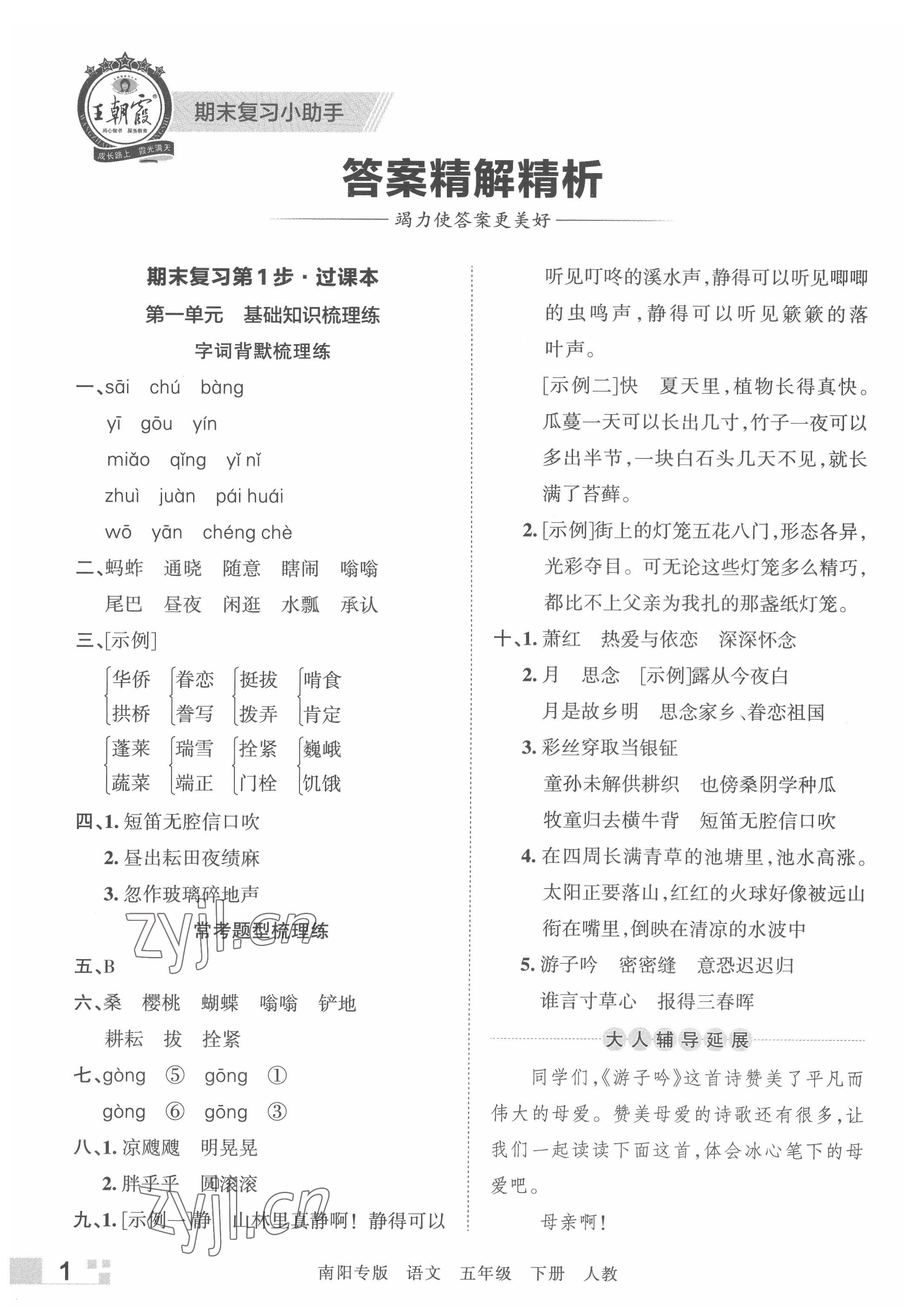 2022年王朝霞期末真題精編五年級(jí)語(yǔ)文下冊(cè)人教版南陽(yáng)專版 參考答案第1頁(yè)