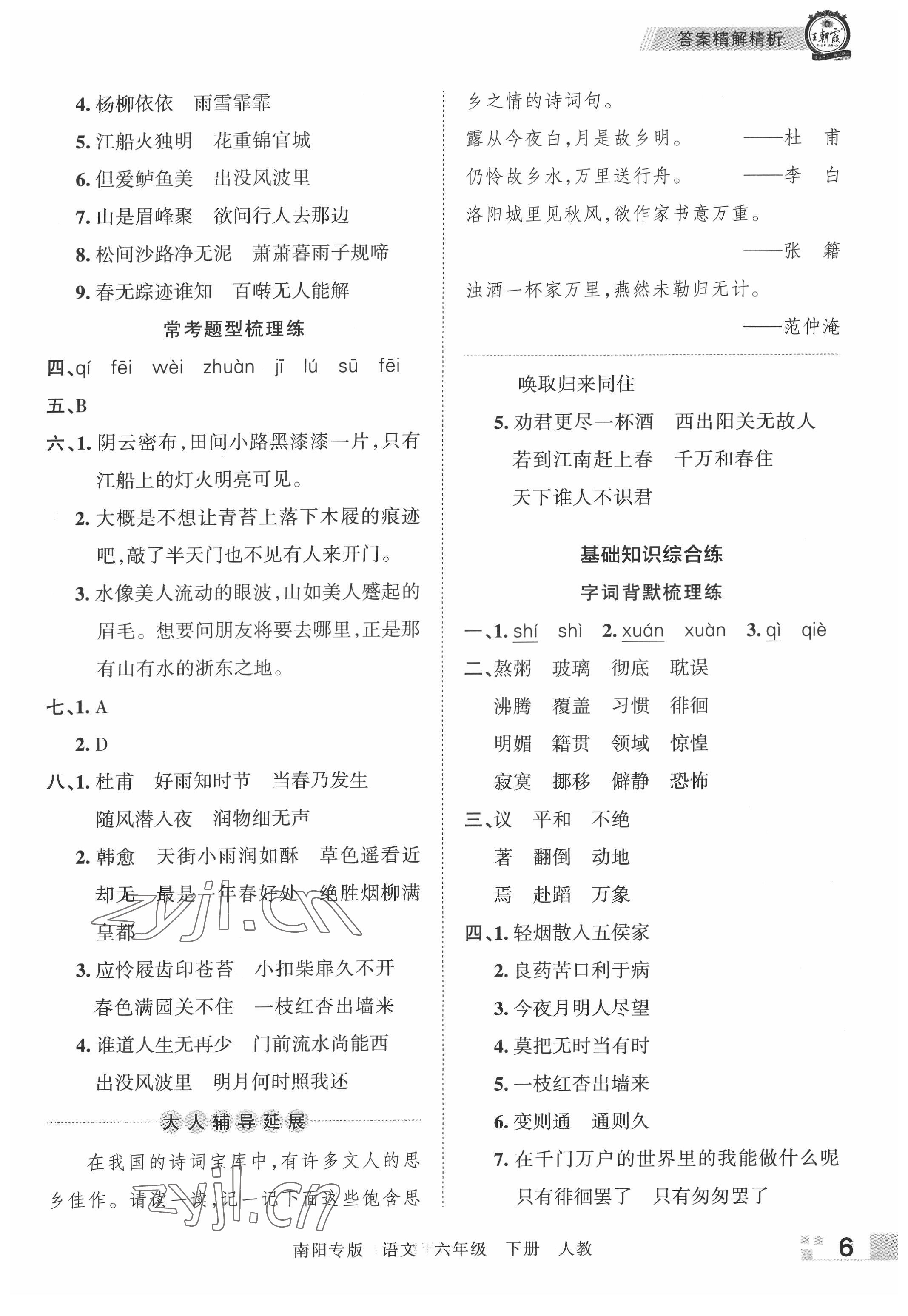 2022年王朝霞期末真題精編六年級(jí)語(yǔ)文下冊(cè)人教版南陽(yáng)專版 參考答案第6頁(yè)