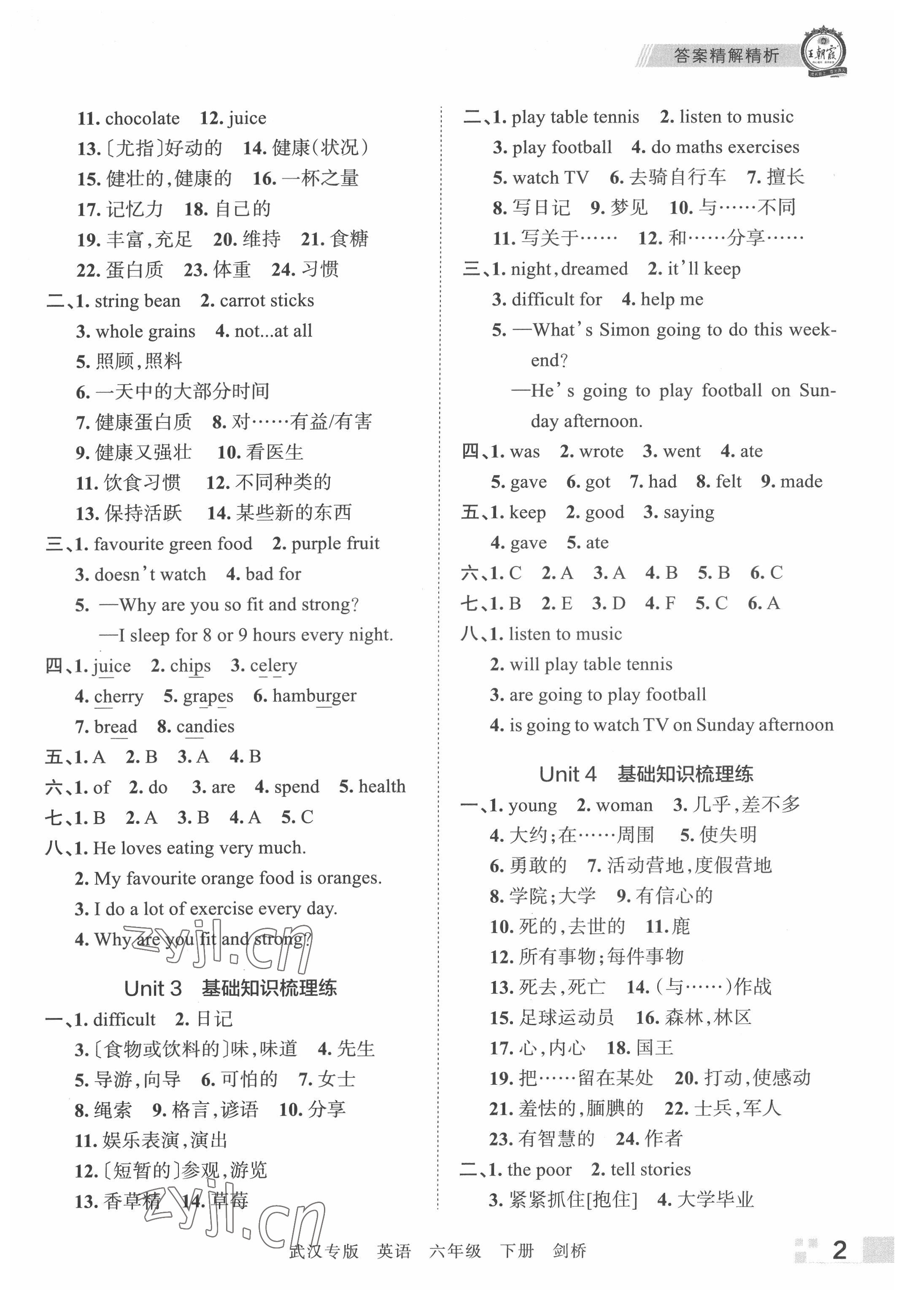 2022年王朝霞期末真題精編六年級(jí)英語下冊(cè)Join in武漢專版 參考答案第2頁