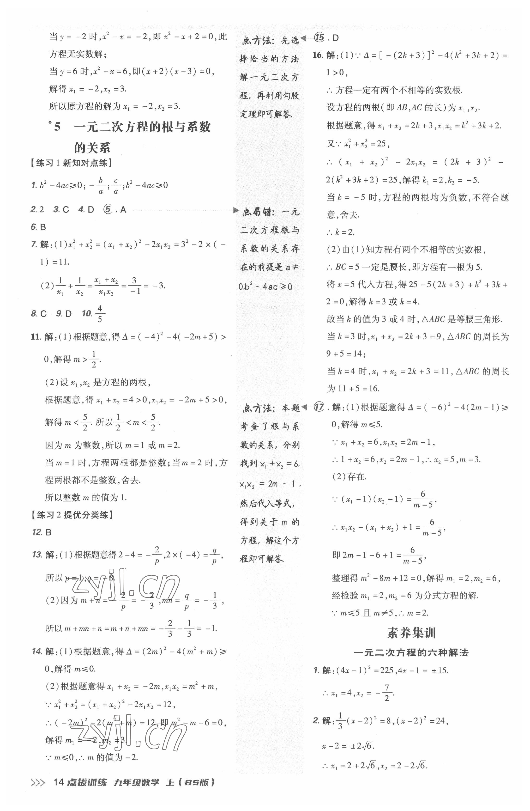 2022年点拨训练九年级数学上册北师大版 参考答案第13页