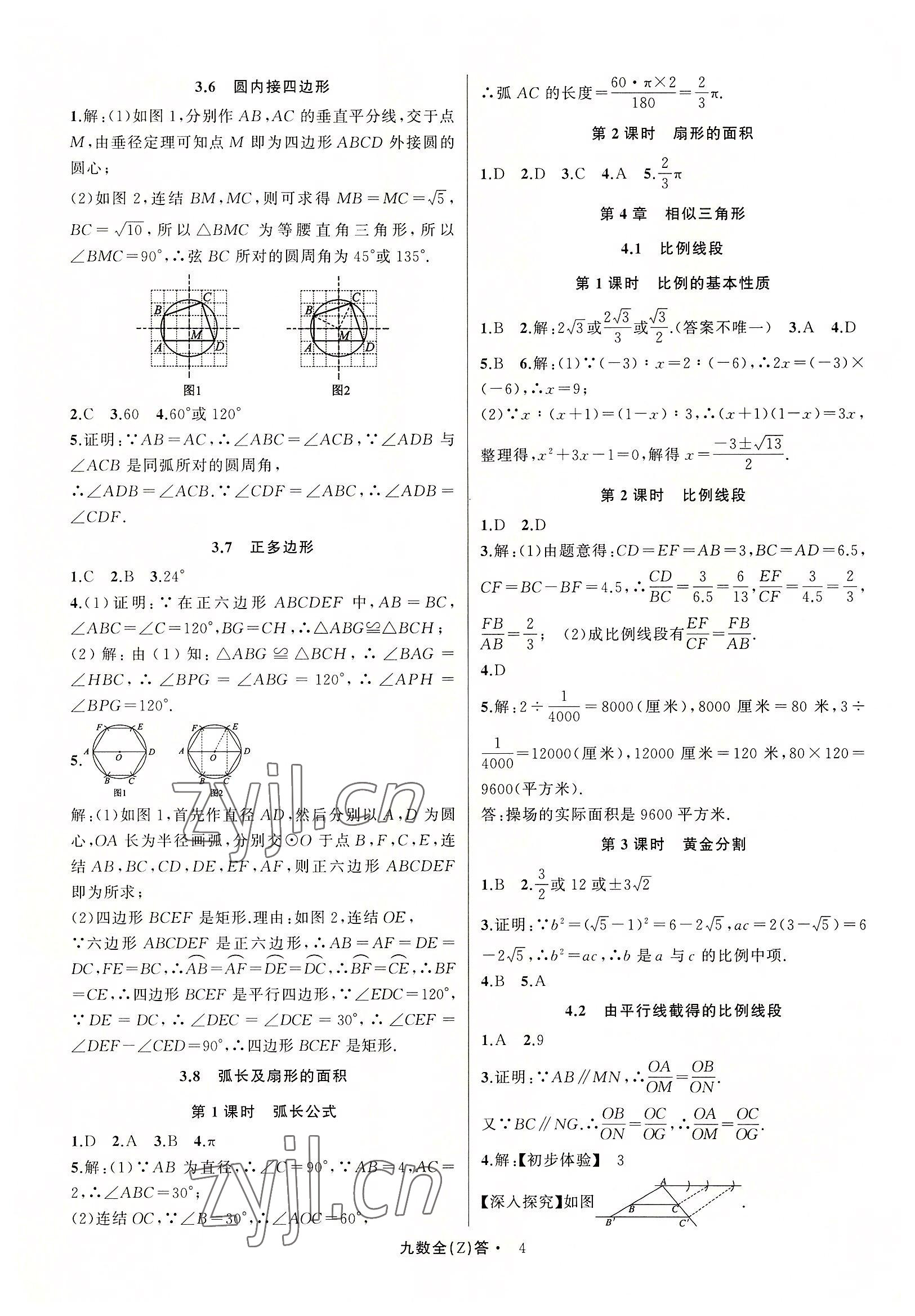 2022年名師面對(duì)面同步作業(yè)本九年級(jí)數(shù)學(xué)全一冊(cè)浙教版浙江專版 參考答案第4頁