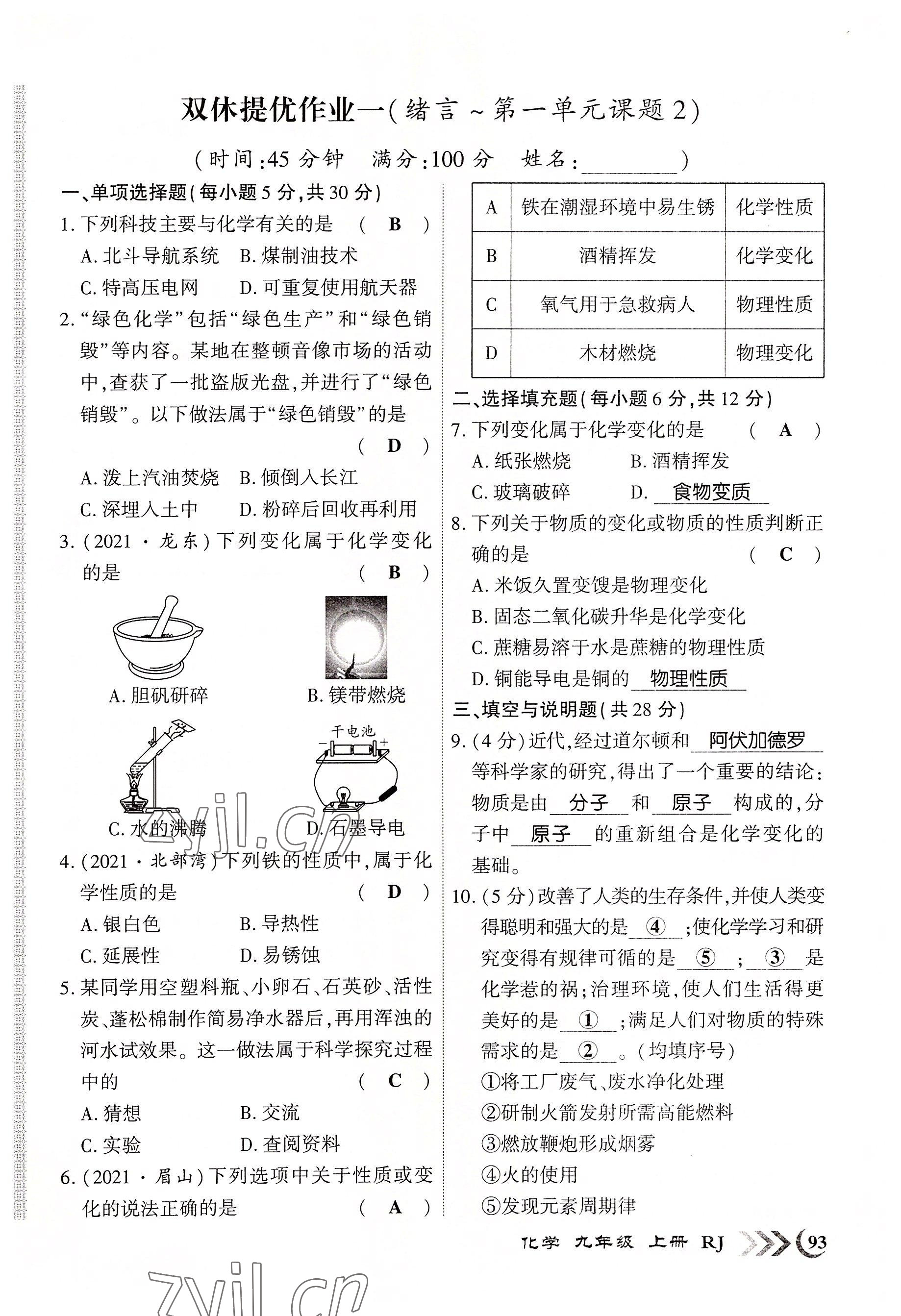 2022年暢優(yōu)新課堂九年級化學(xué)上冊人教版江西專版 第1頁