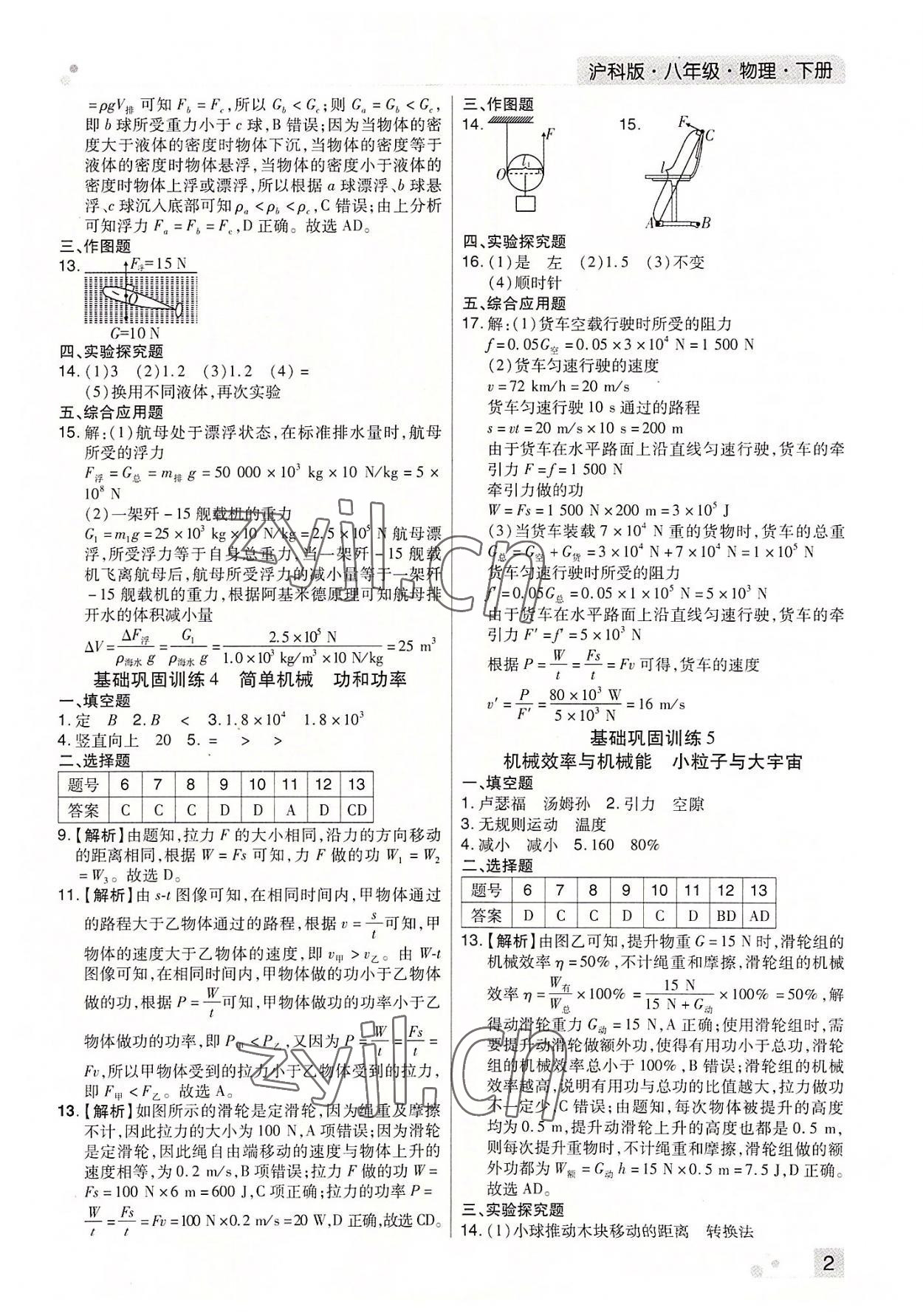2022年期末考试必刷卷八年级物理下册沪科版河南专版 参考答案第2页