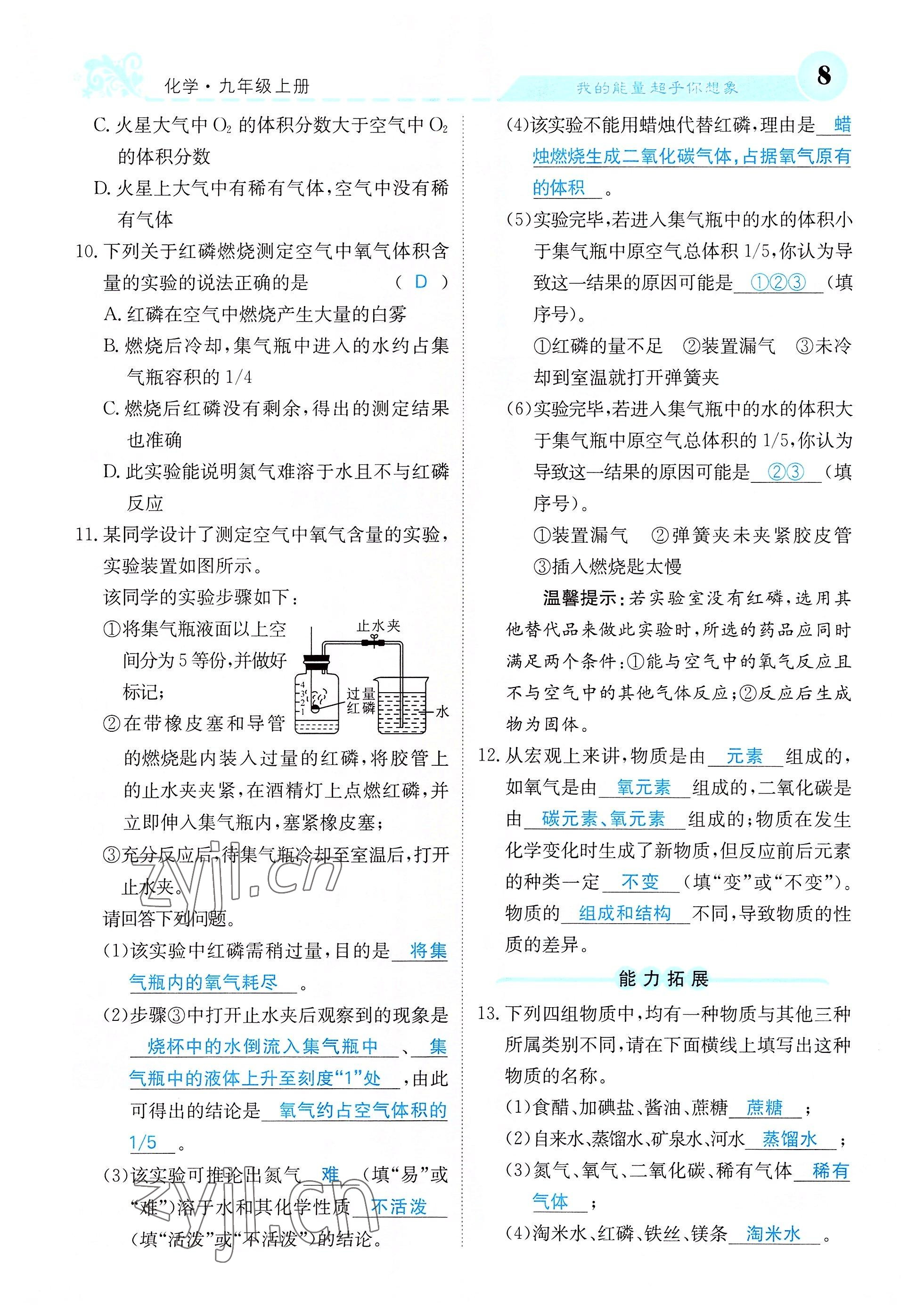 2022年课堂点睛九年级化学上册沪教版 参考答案第21页