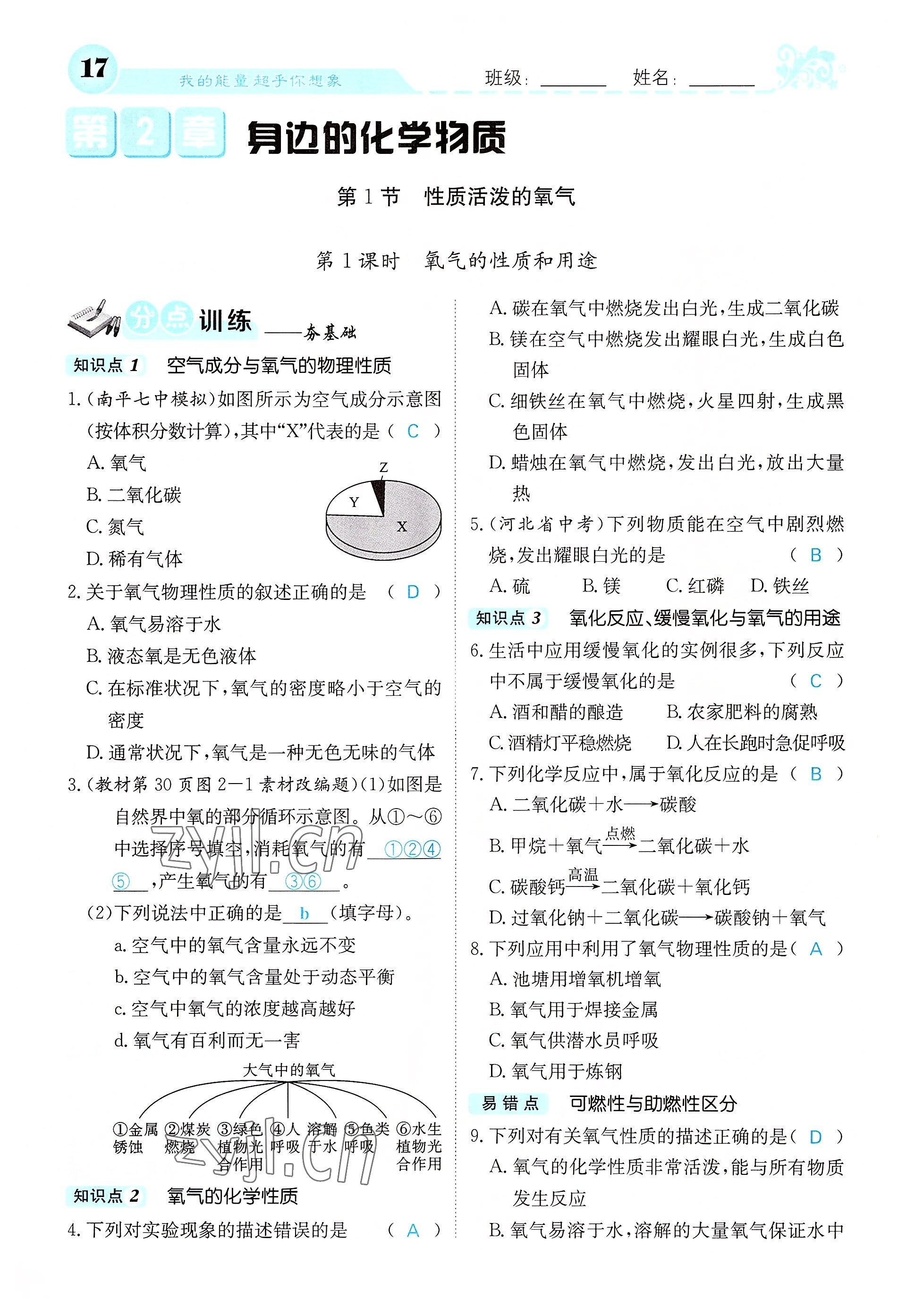 2022年课堂点睛九年级化学上册沪教版 参考答案第48页