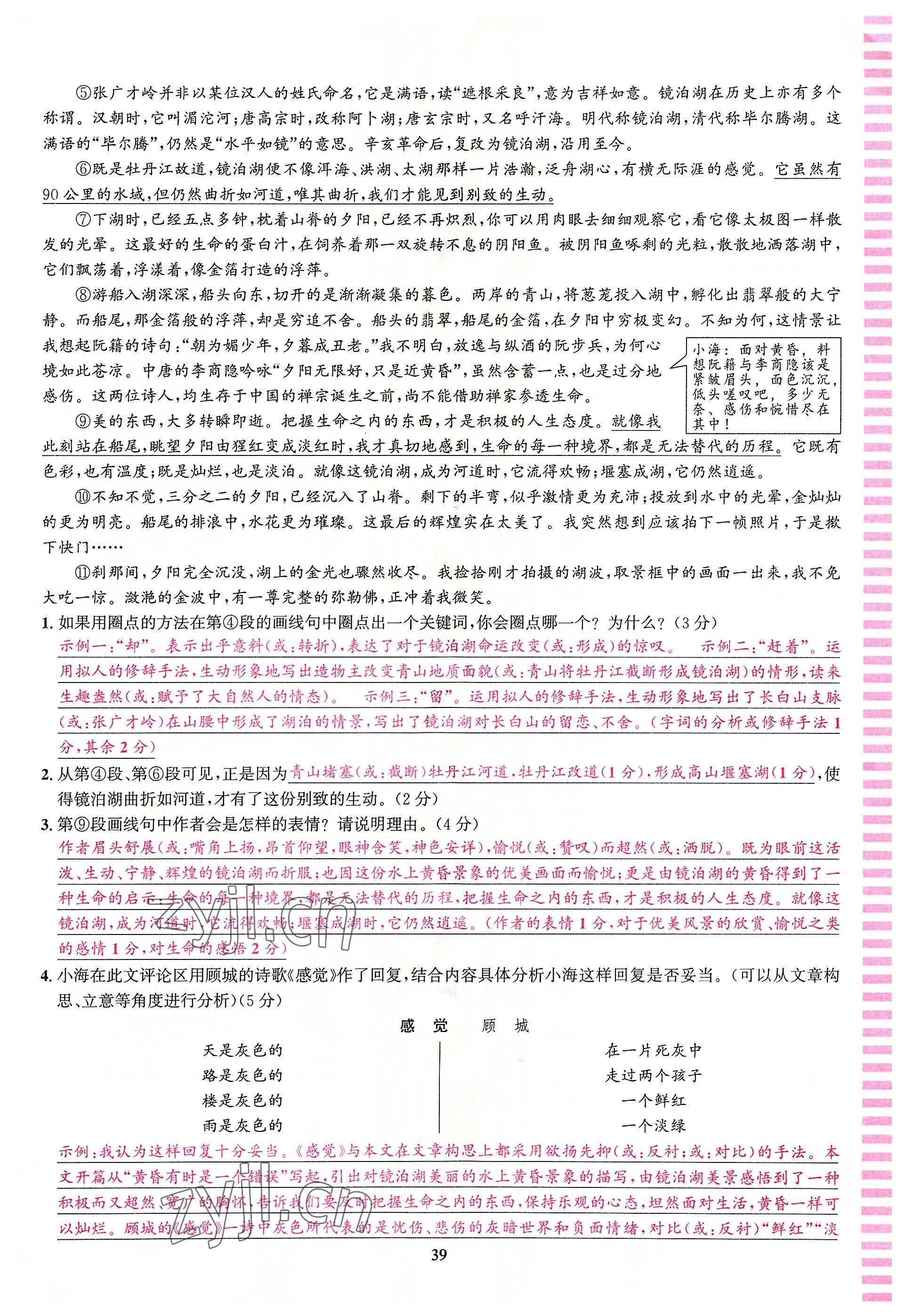 2022年語文花開天津科學(xué)技術(shù)出版社七年級(jí)語文人教版浙江專版 參考答案第39頁