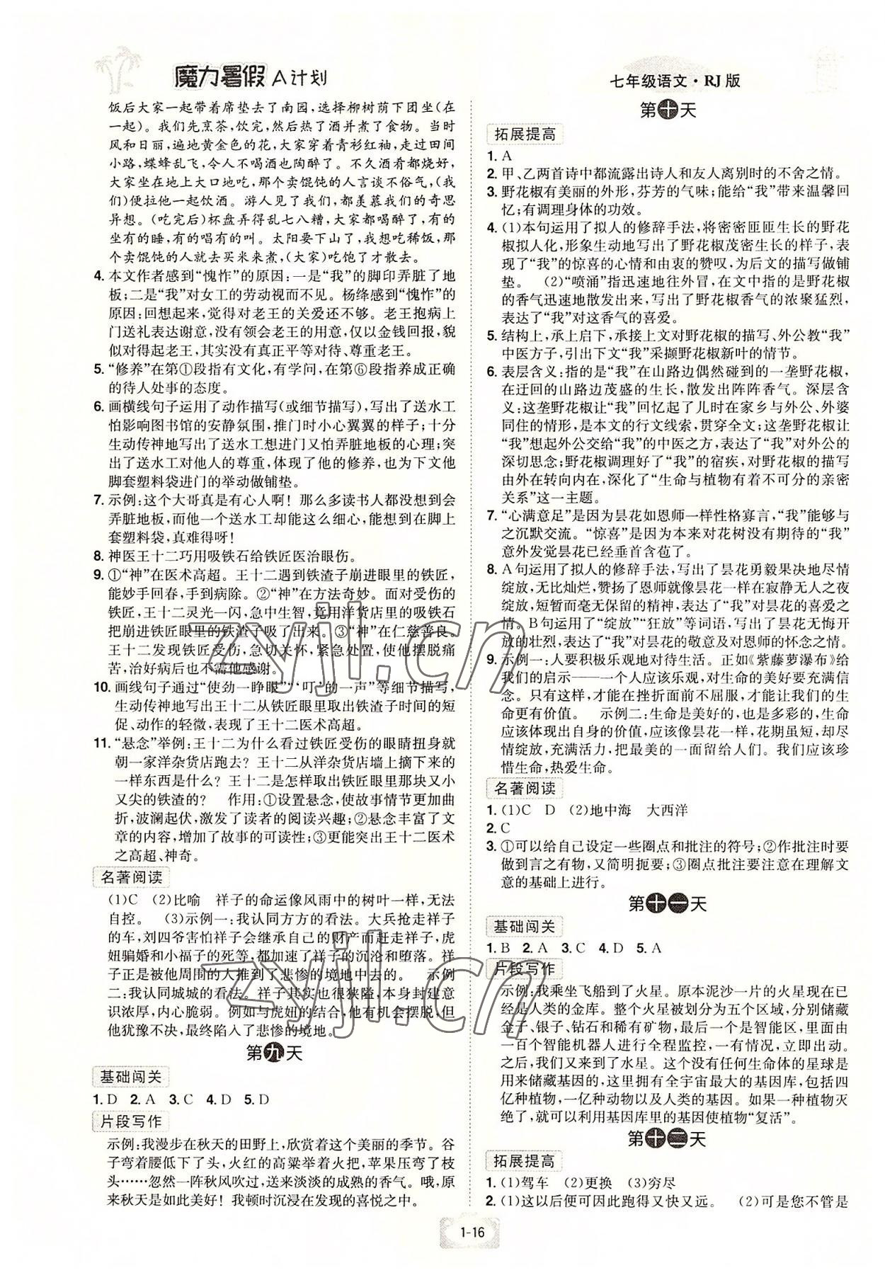 2022年魔力暑假A計劃七年級語文人教版江西美術出版社 參考答案第3頁