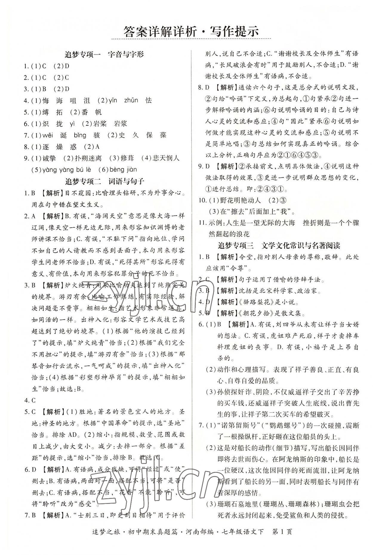 2022年追夢(mèng)之旅初中期末真題篇七年級(jí)語(yǔ)文下冊(cè)人教版河南專(zhuān)版 參考答案第1頁(yè)