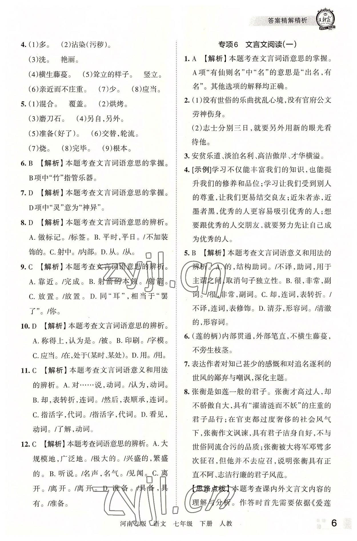 2022年王朝霞各地期末试卷精选七年级语文下册人教版河南专版 参考答案第6页