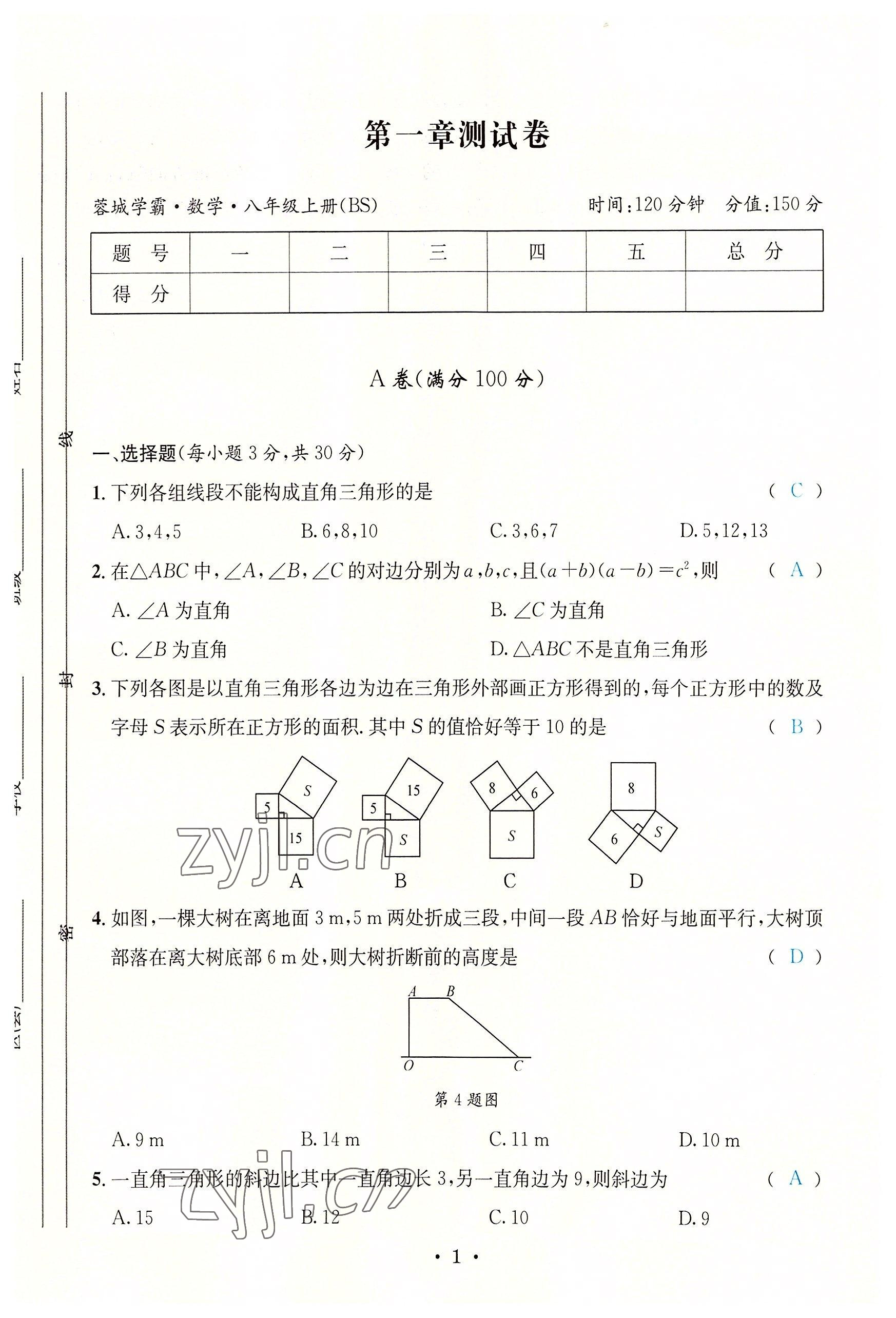 2022年蓉城学霸八年级数学上册北师大版 第1页