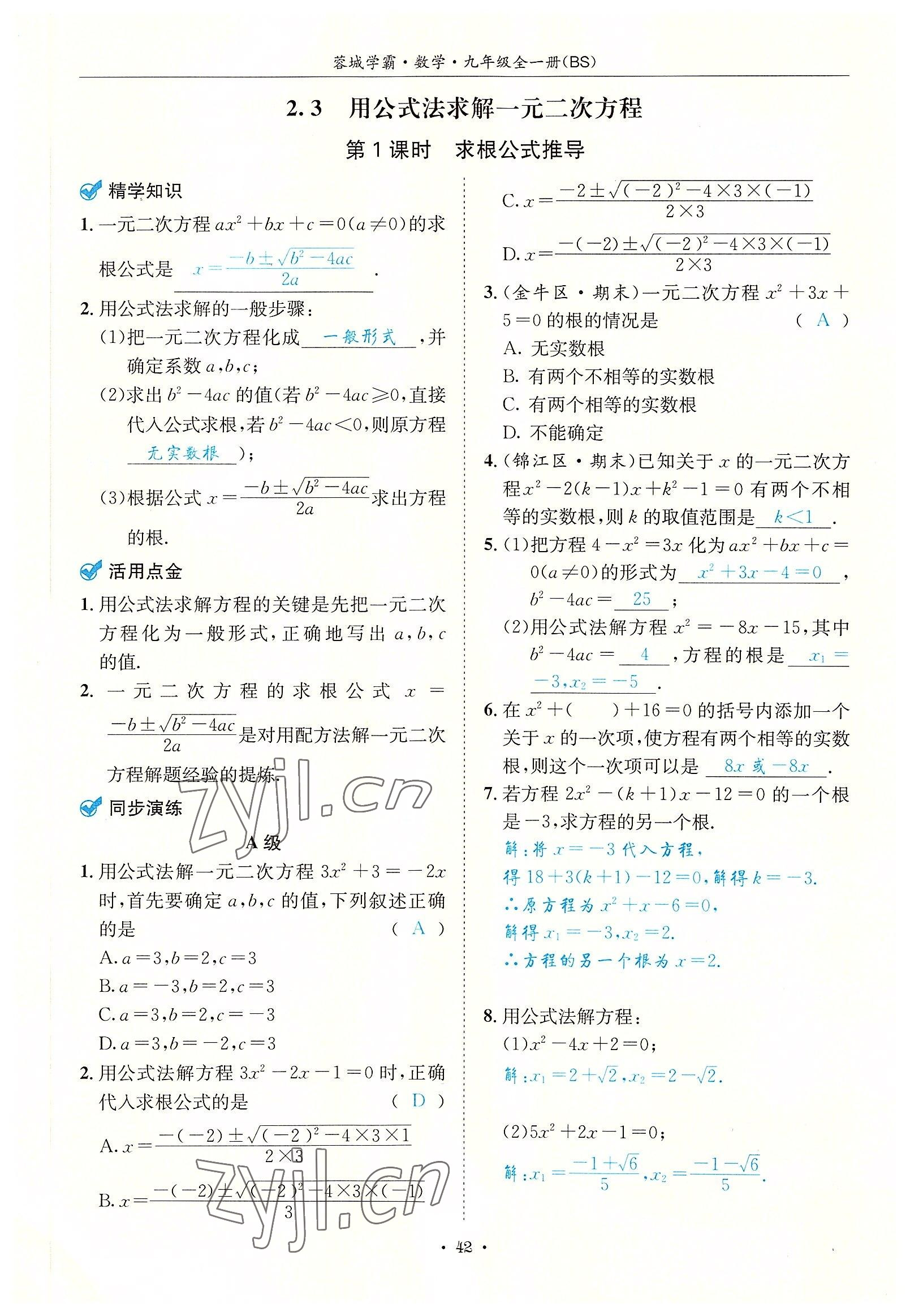 2022年蓉城学霸九年级数学全一册北师大版 参考答案第42页