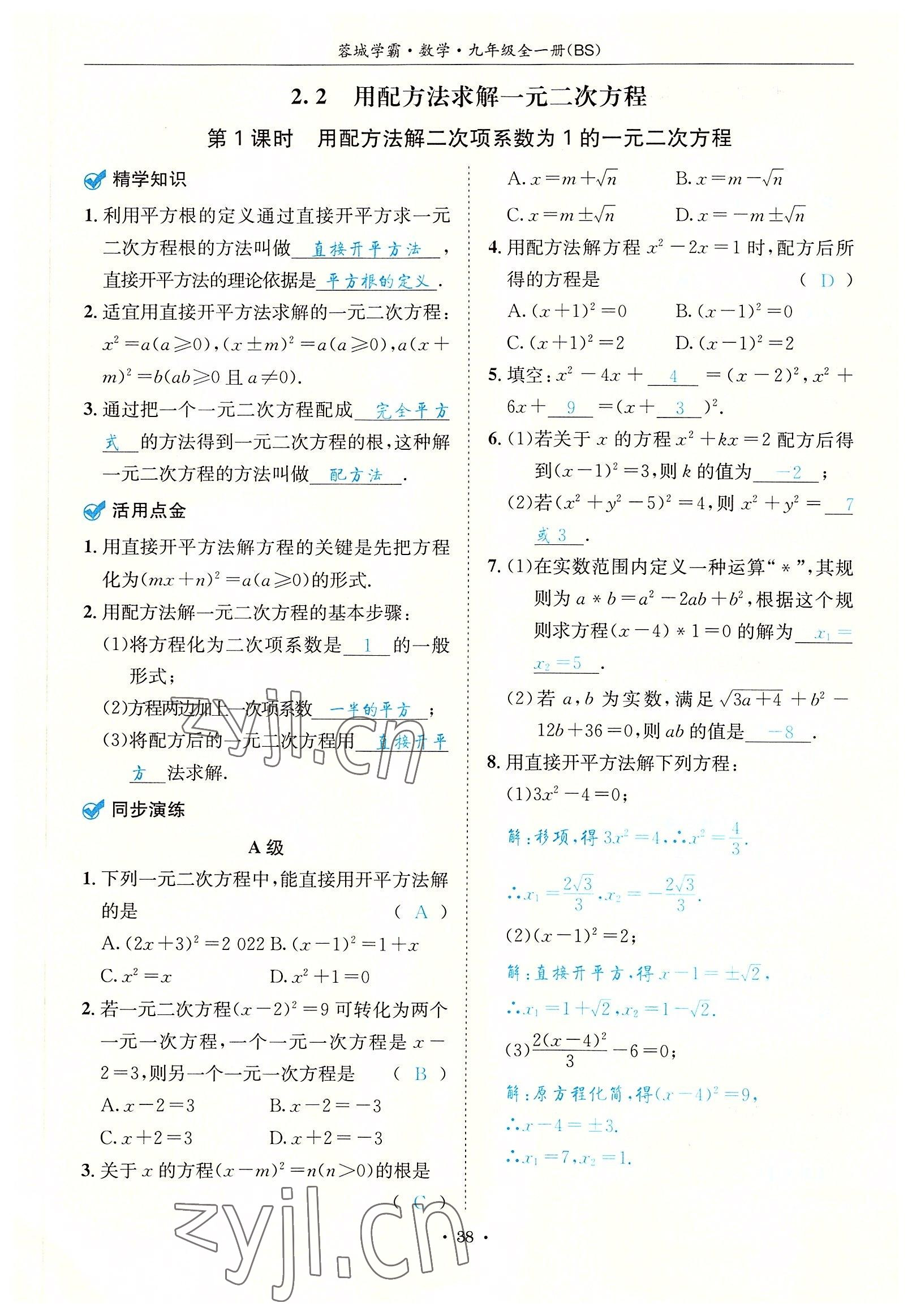 2022年蓉城学霸九年级数学全一册北师大版 参考答案第38页