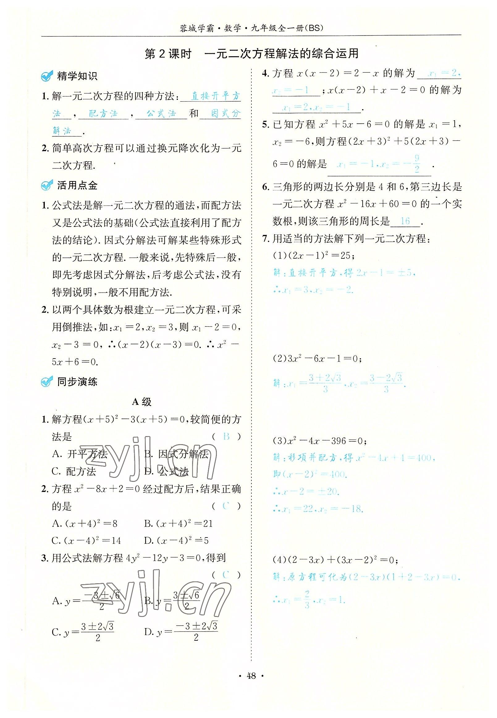 2022年蓉城学霸九年级数学全一册北师大版 参考答案第48页