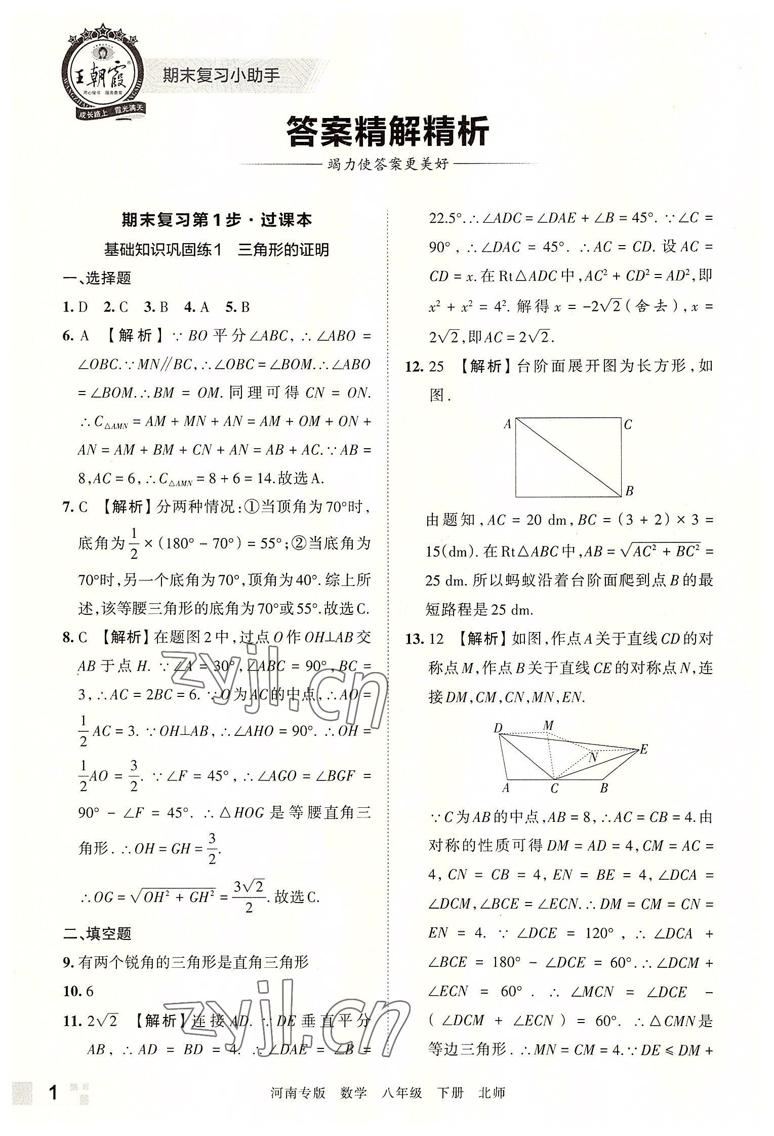 2022年王朝霞各地期末试卷精选八年级数学下册北师大版河南专版 参考答案第1页