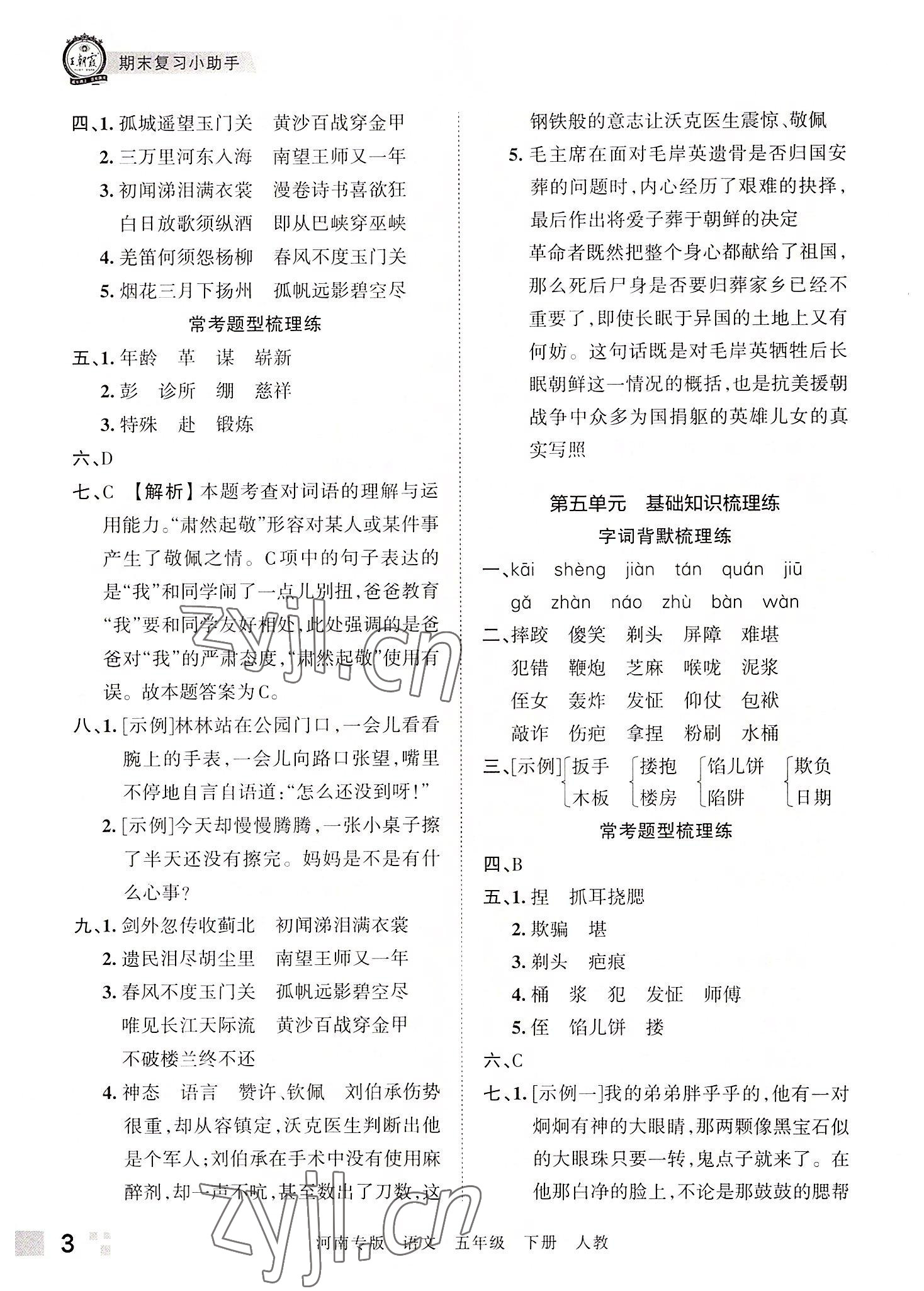 2022年王朝霞各地期末试卷精选五年级语文下册人教版河南专版 参考答案第3页