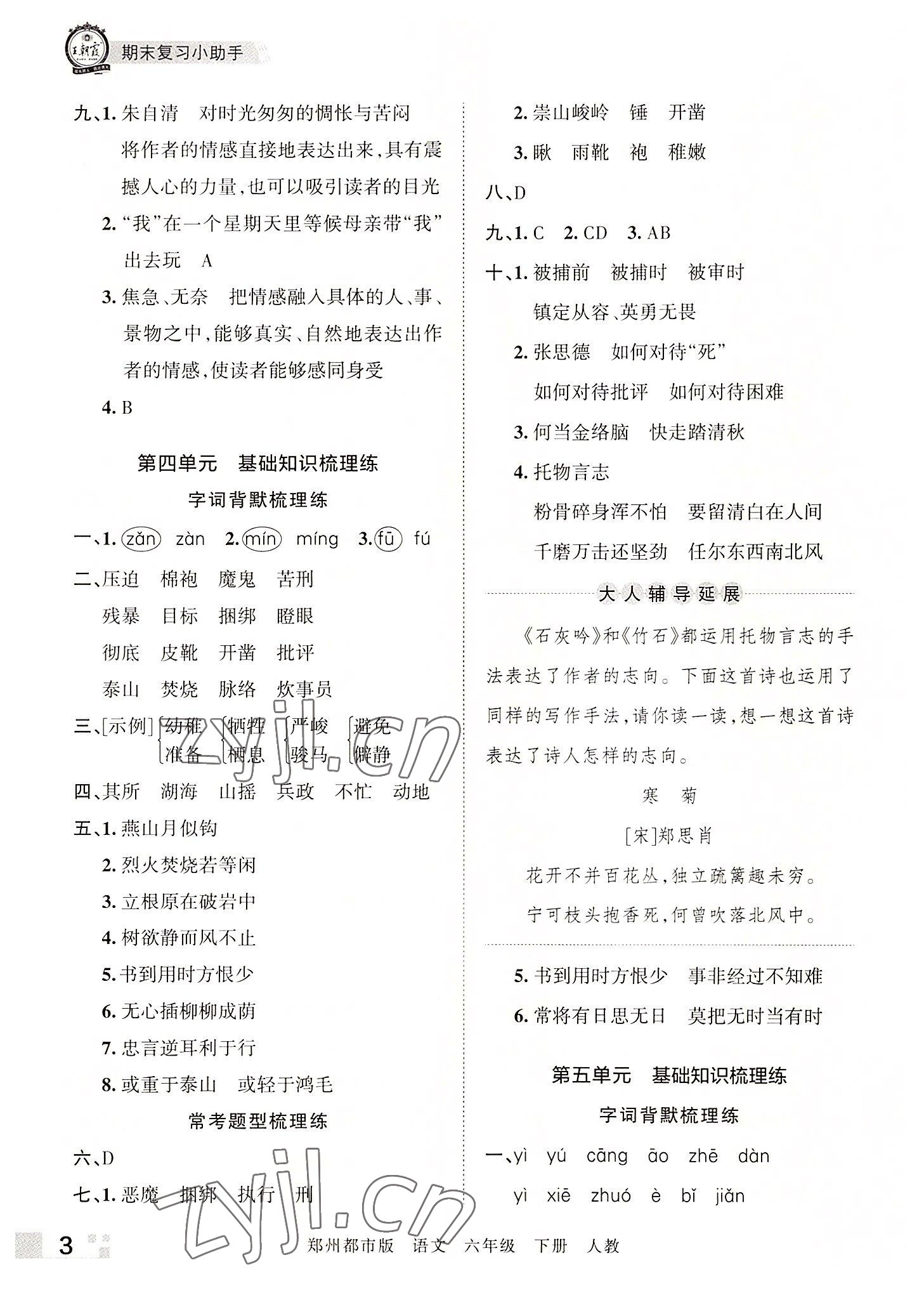 2022年王朝霞期末真題精編六年級(jí)語(yǔ)文下冊(cè)人教版鄭州專版 參考答案第3頁(yè)