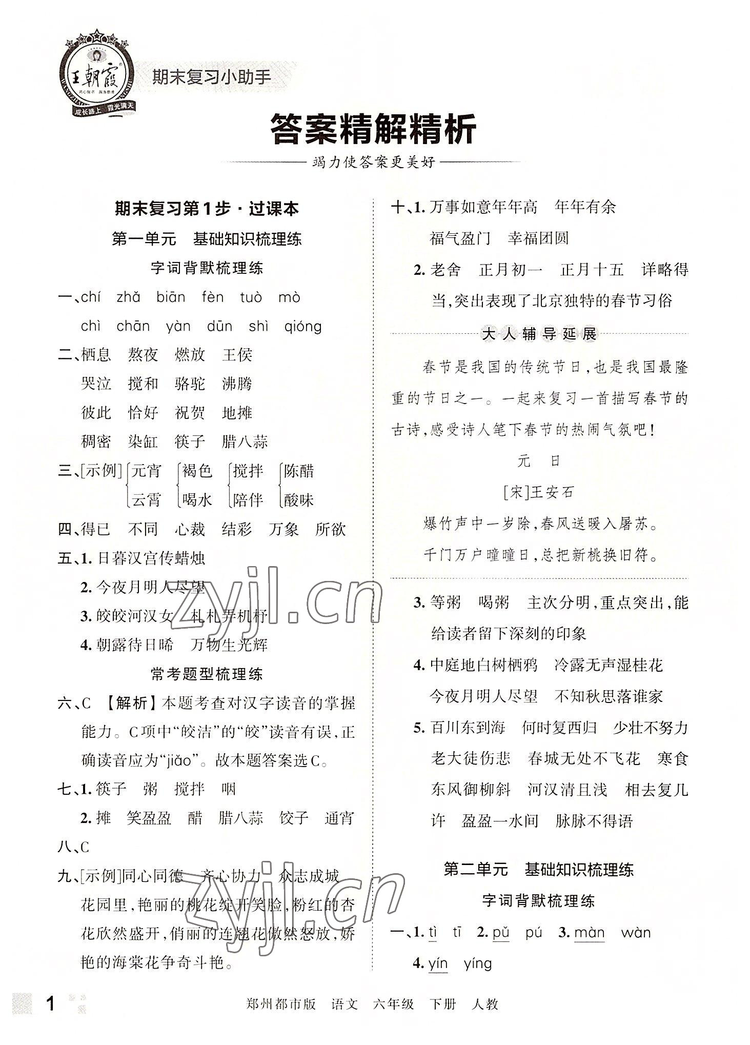 2022年王朝霞期末真題精編六年級(jí)語(yǔ)文下冊(cè)人教版鄭州專(zhuān)版 參考答案第1頁(yè)