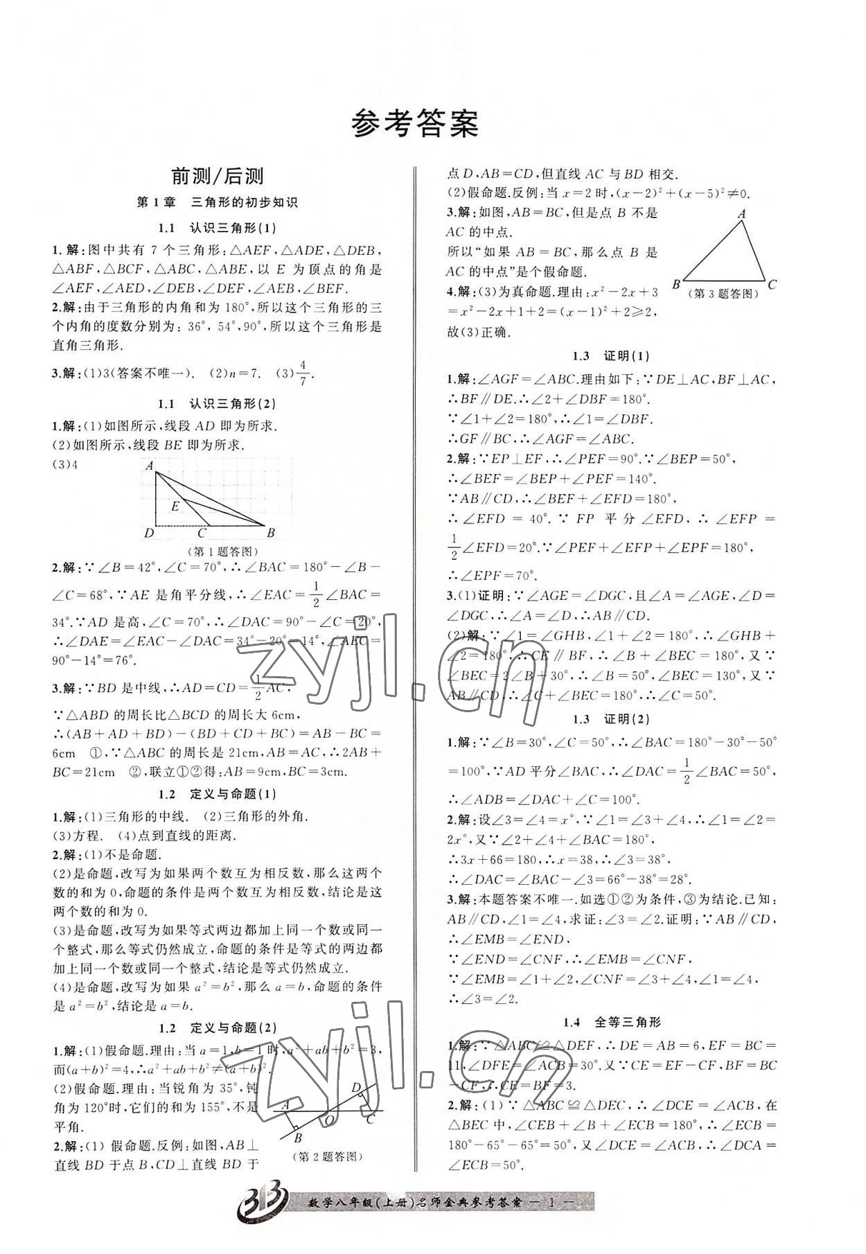 2022年名師金典BFB初中課時優(yōu)化八年級數(shù)學上冊浙教版 第1頁