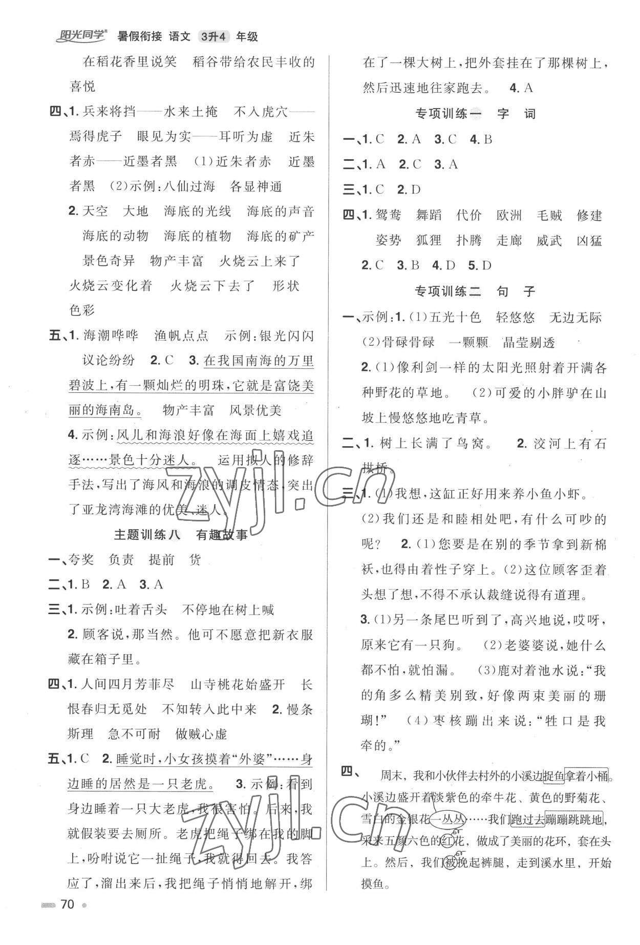 2022年陽光同學(xué)暑假銜接語文3升4年級 參考答案第3頁