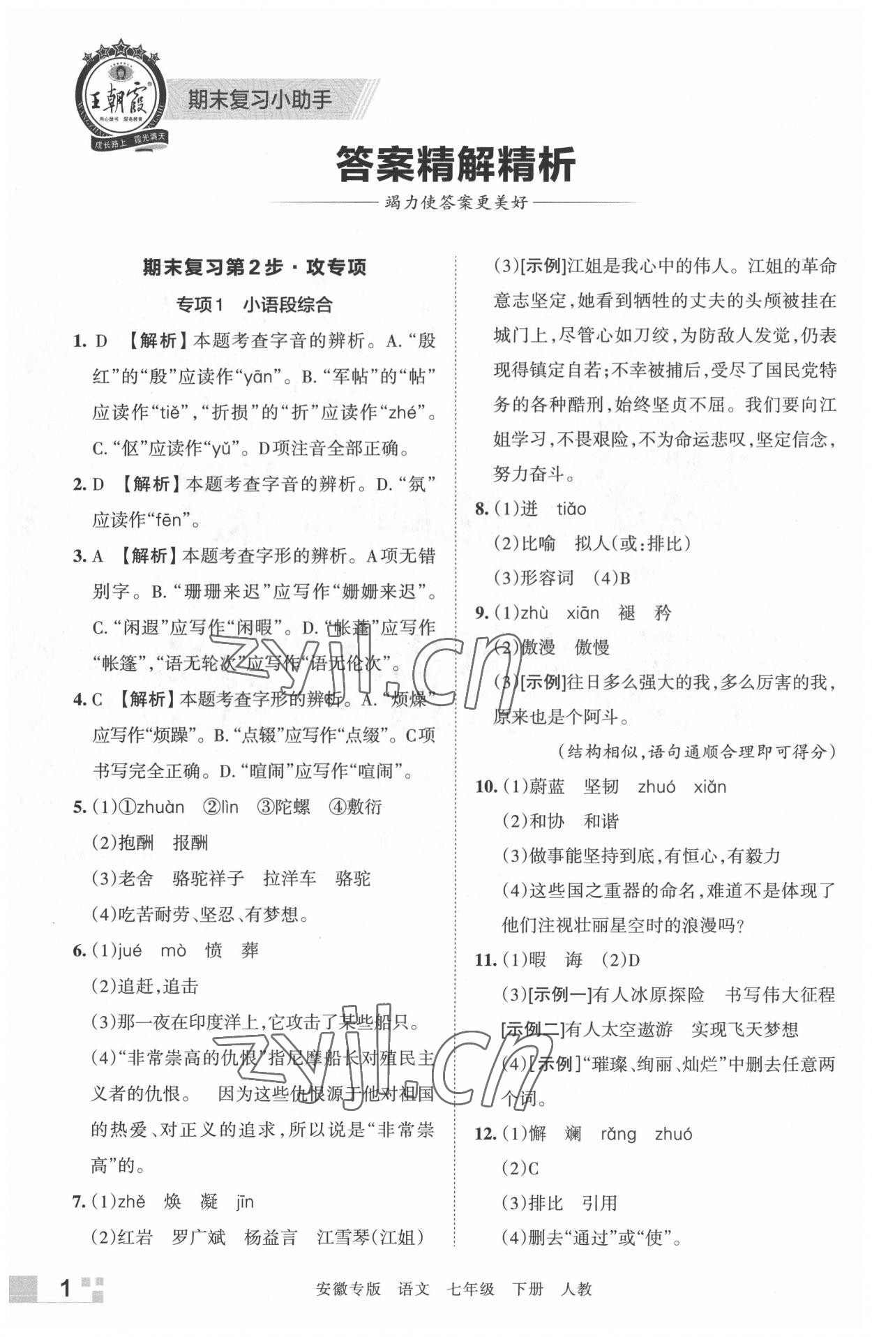 2022年王朝霞各地期末試卷精選七年級(jí)語(yǔ)文下冊(cè)人教版安徽專版 參考答案第1頁(yè)