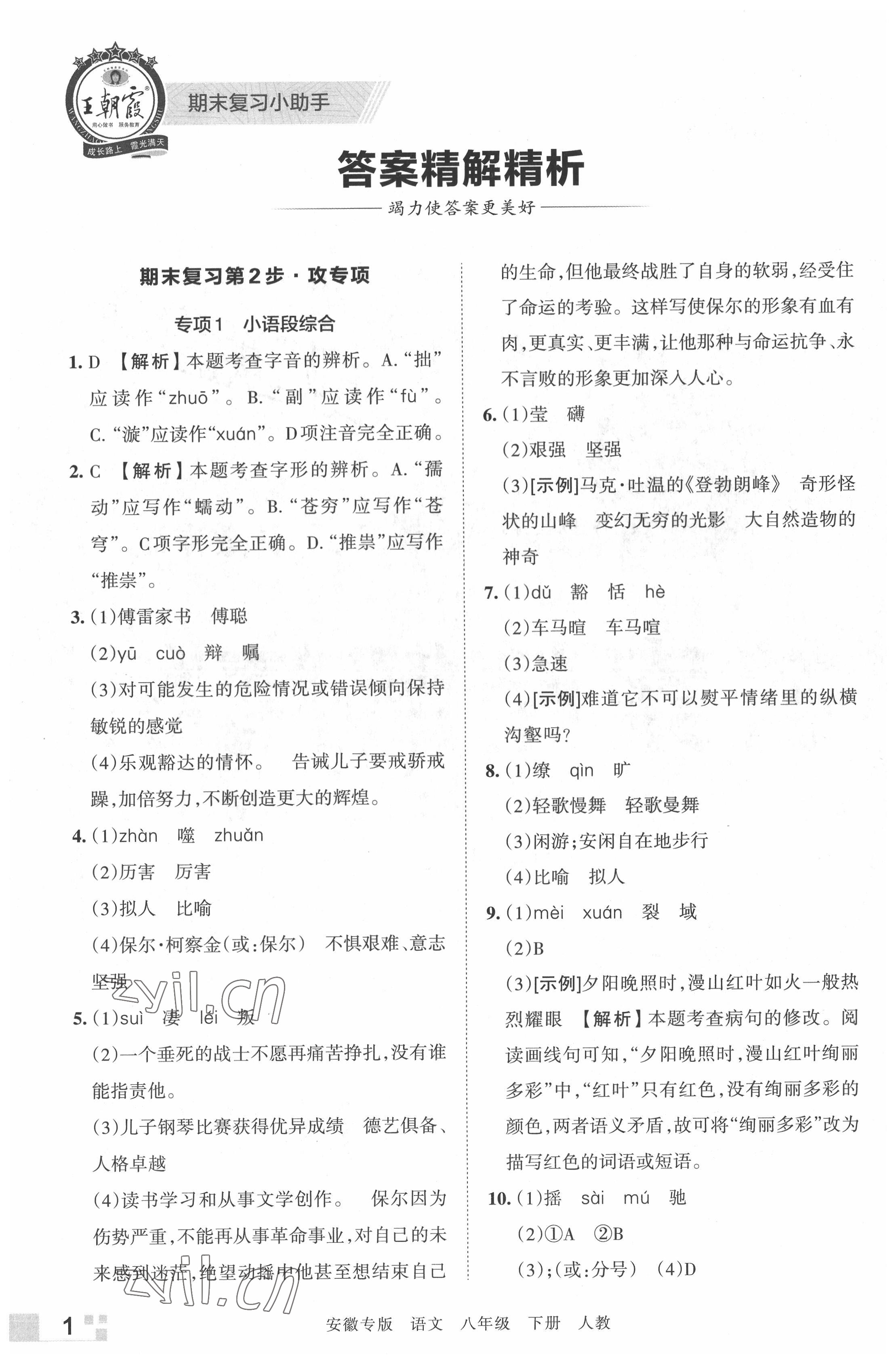 2022年王朝霞各地期末試卷精選八年級語文下冊人教版安徽專版 參考答案第1頁