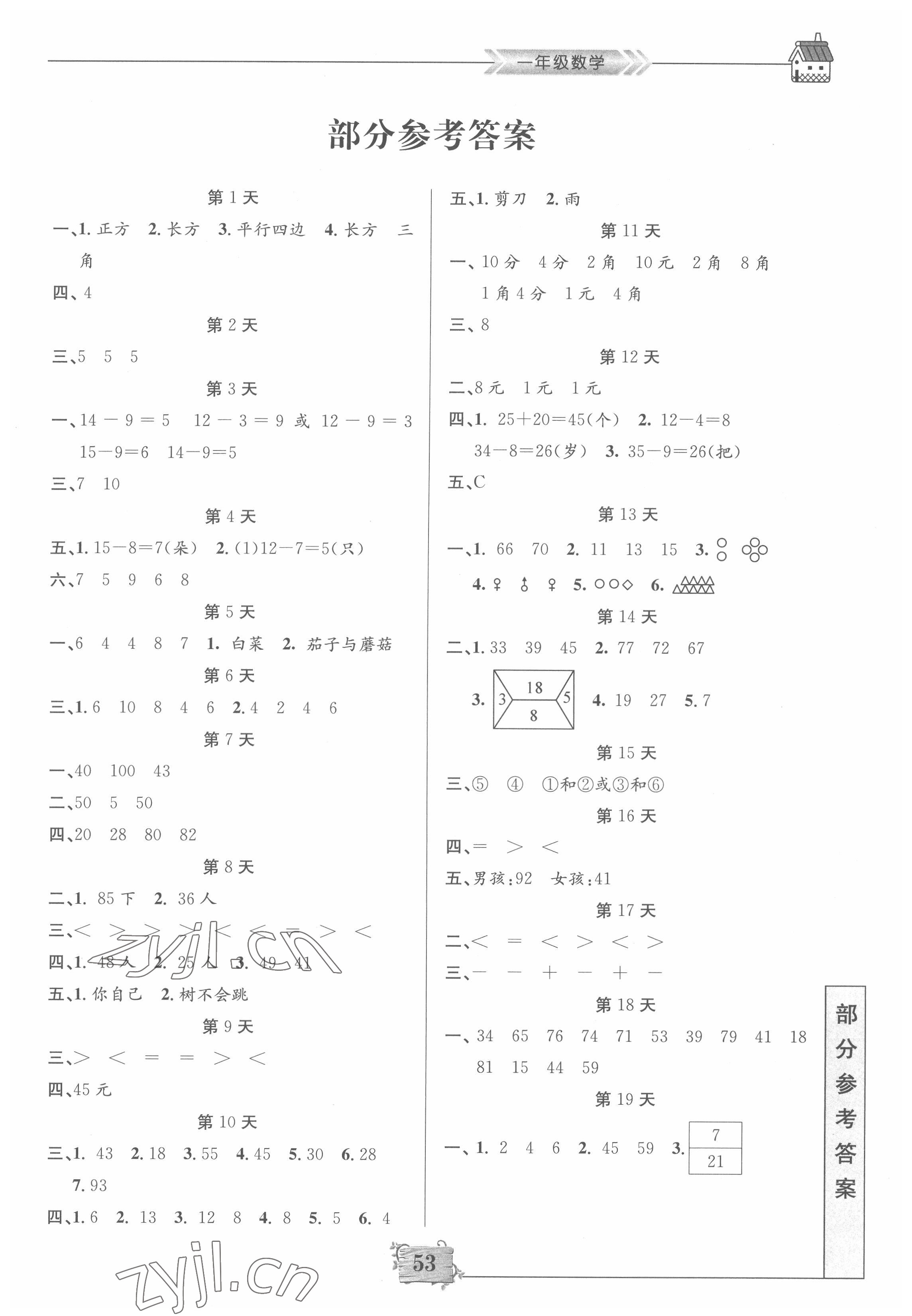 2022年暑假作業(yè)一年級數(shù)學南京大學出版社 第1頁