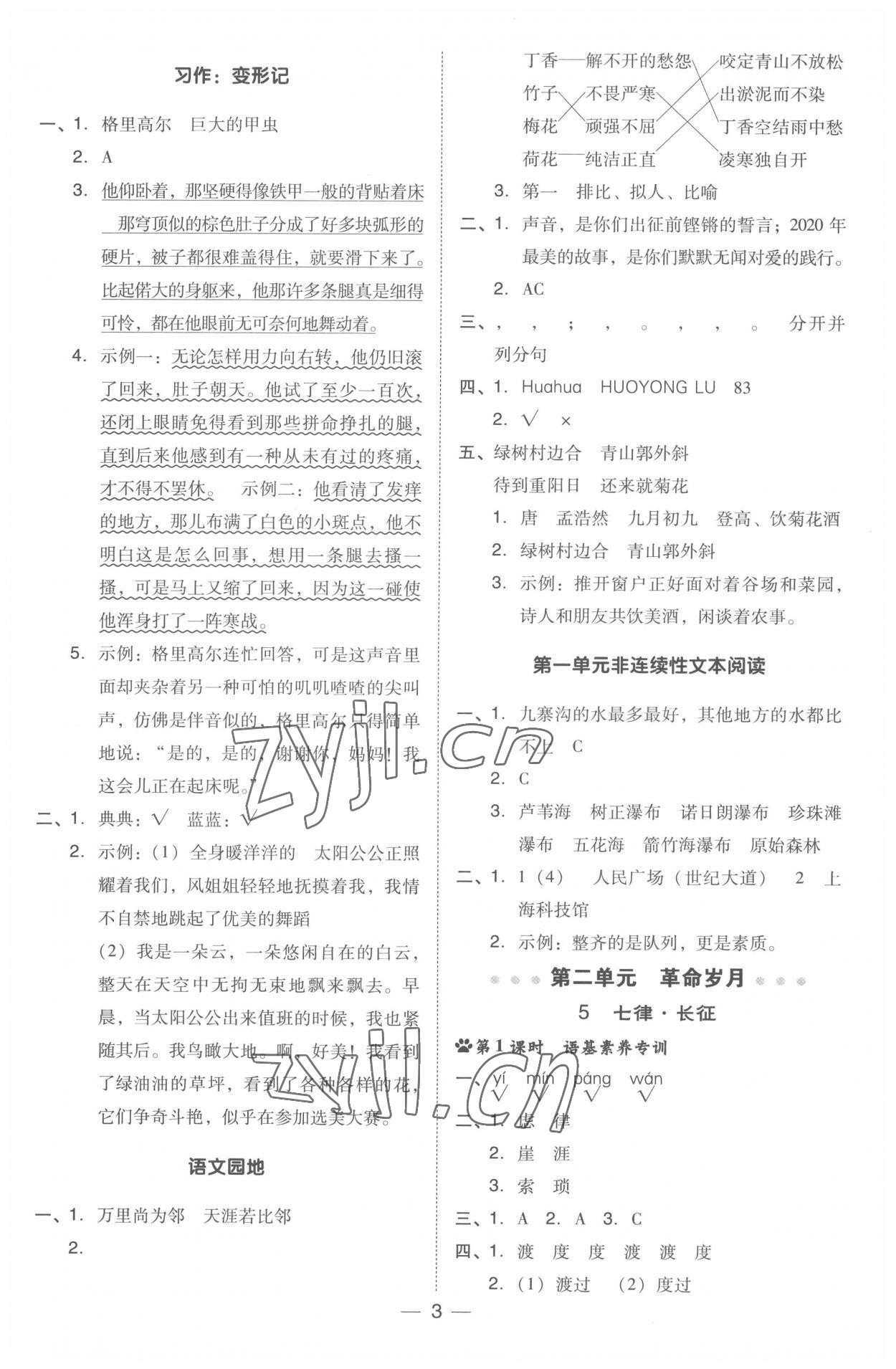 2022年綜合應(yīng)用創(chuàng)新題典中點六年級語文上冊人教版浙江專版 參考答案第3頁