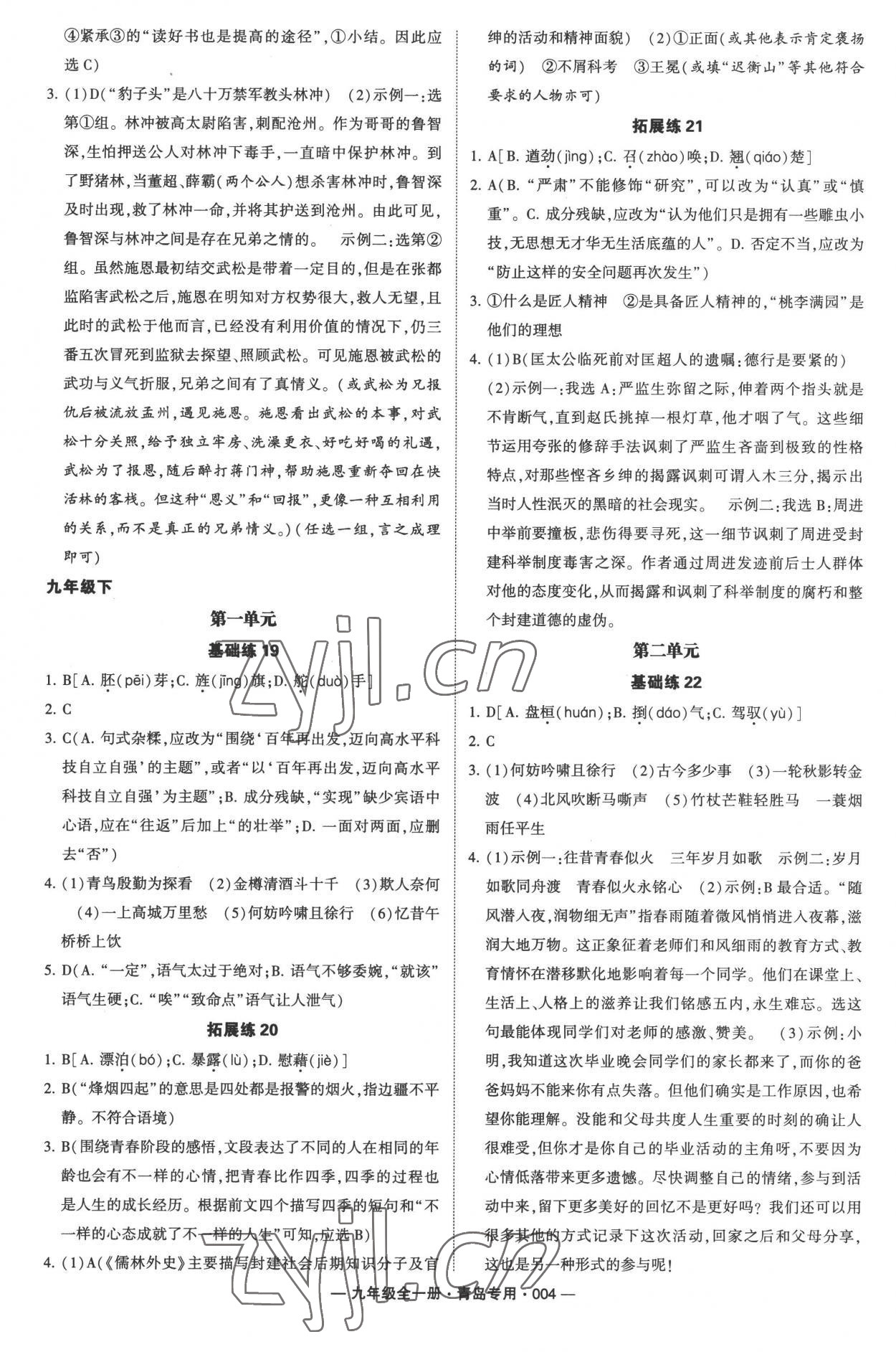 2022年學(xué)霸組合訓(xùn)練九年級語文全一冊人教版青島專版 參考答案第4頁