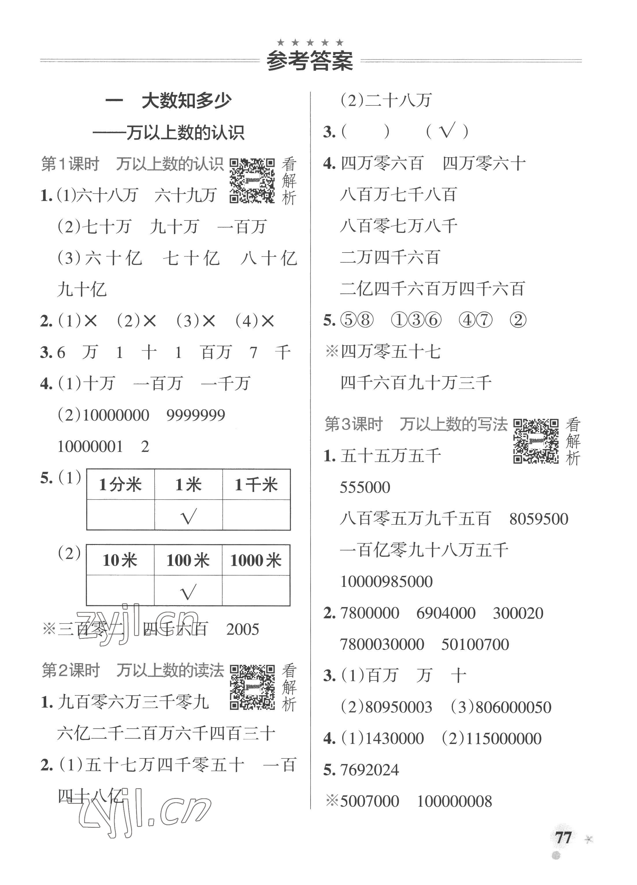 2022年小学学霸作业本四年级数学上册青岛版山东专版 参考答案第1页