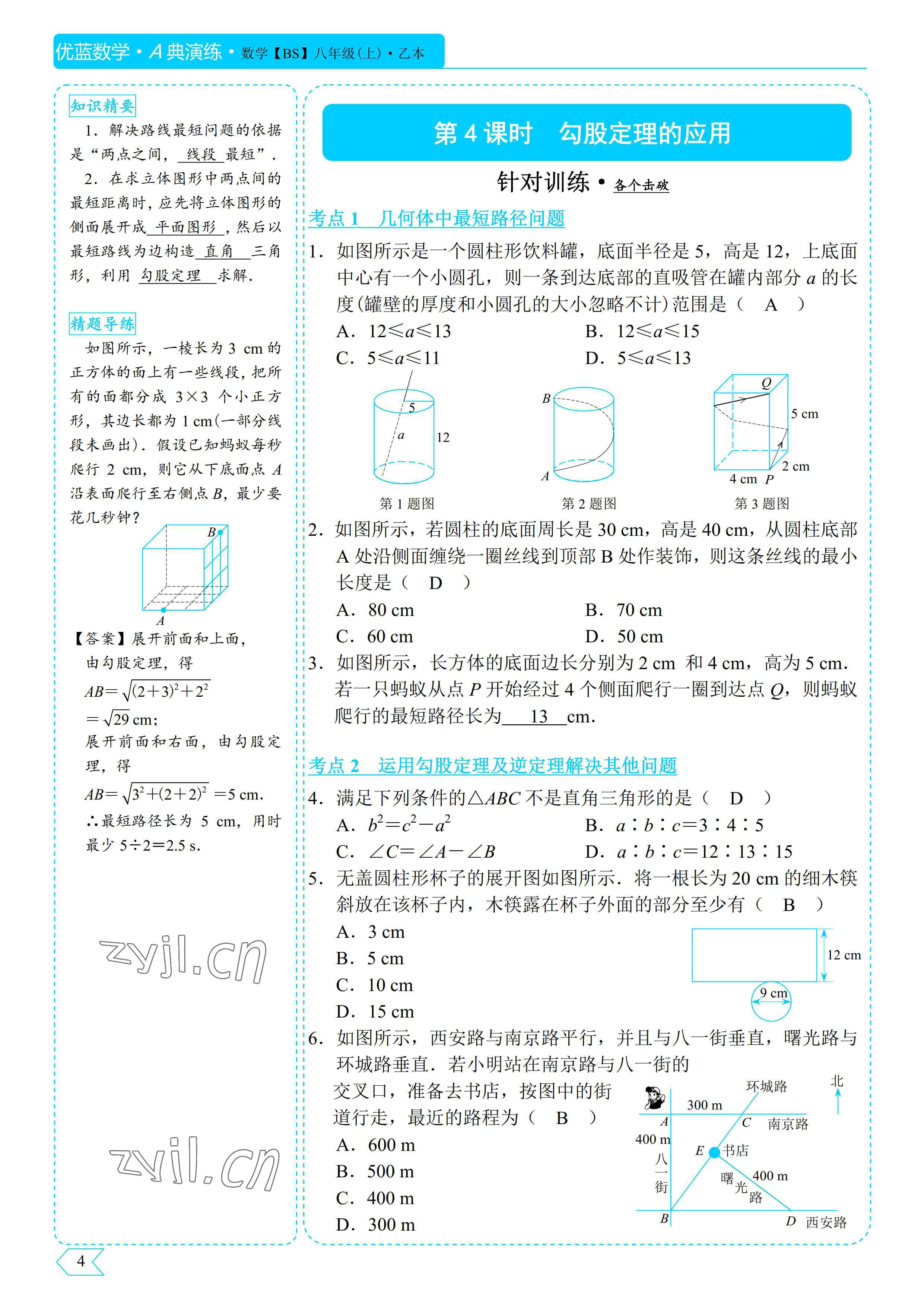 2022年優(yōu)藍數(shù)學A典演練八年級上冊北師大版 參考答案第4頁