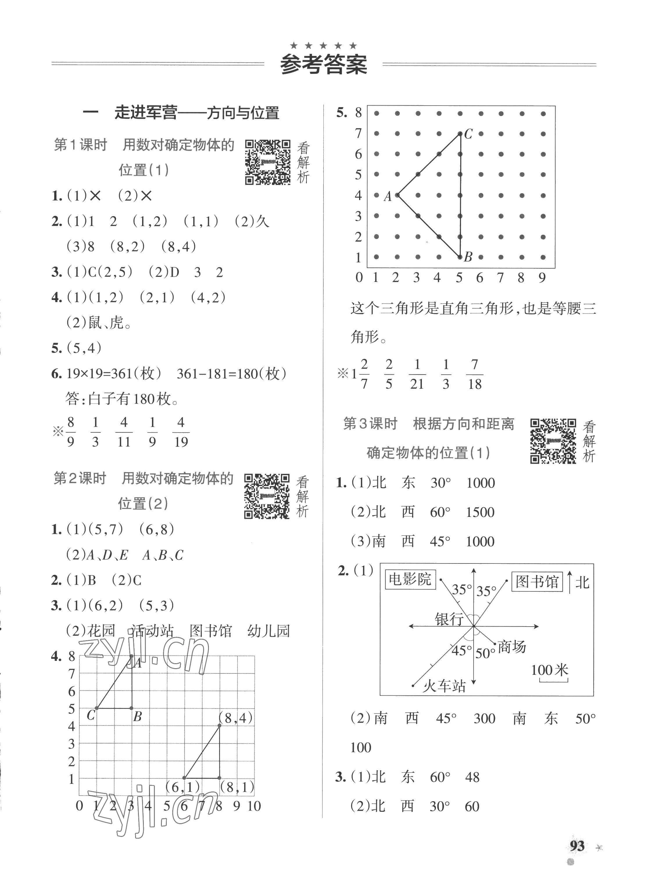 2022年小学学霸作业本五年级数学上册青岛版五四制 参考答案第1页