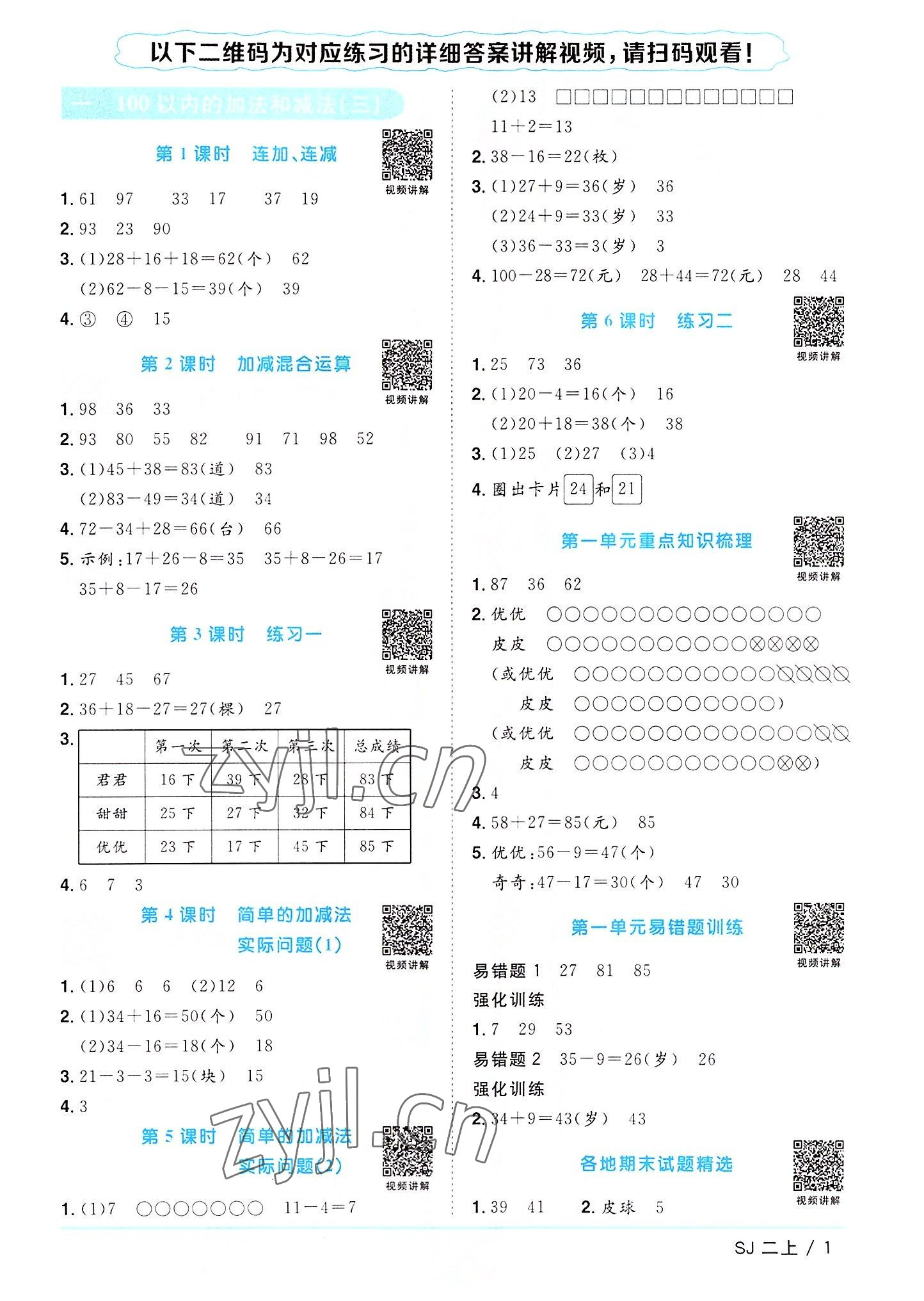 2022年陽光同學課時優(yōu)化作業(yè)二年級數(shù)學上冊蘇教版 第1頁