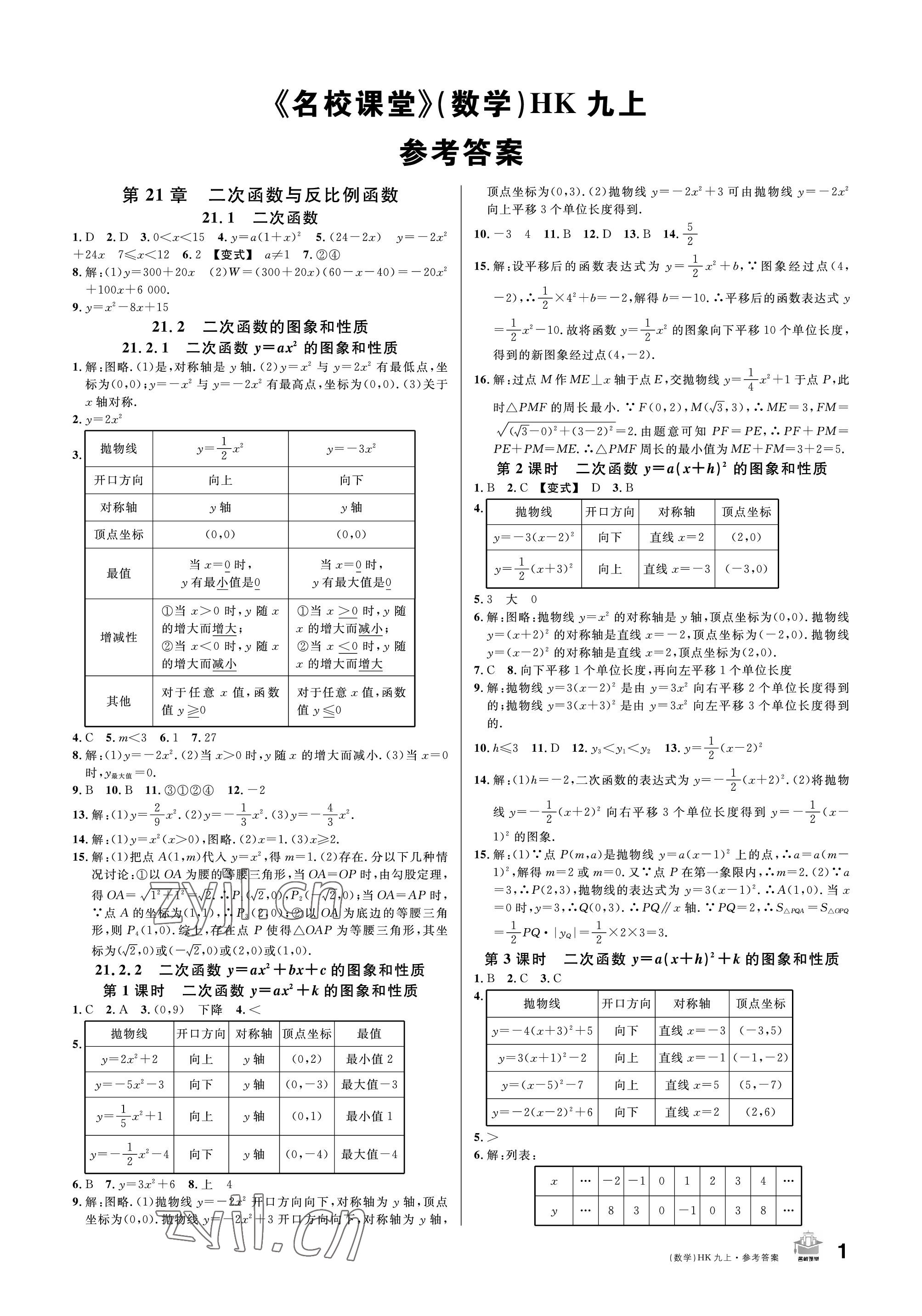 2022年名校課堂九年級數(shù)學上冊滬科版 參考答案第1頁