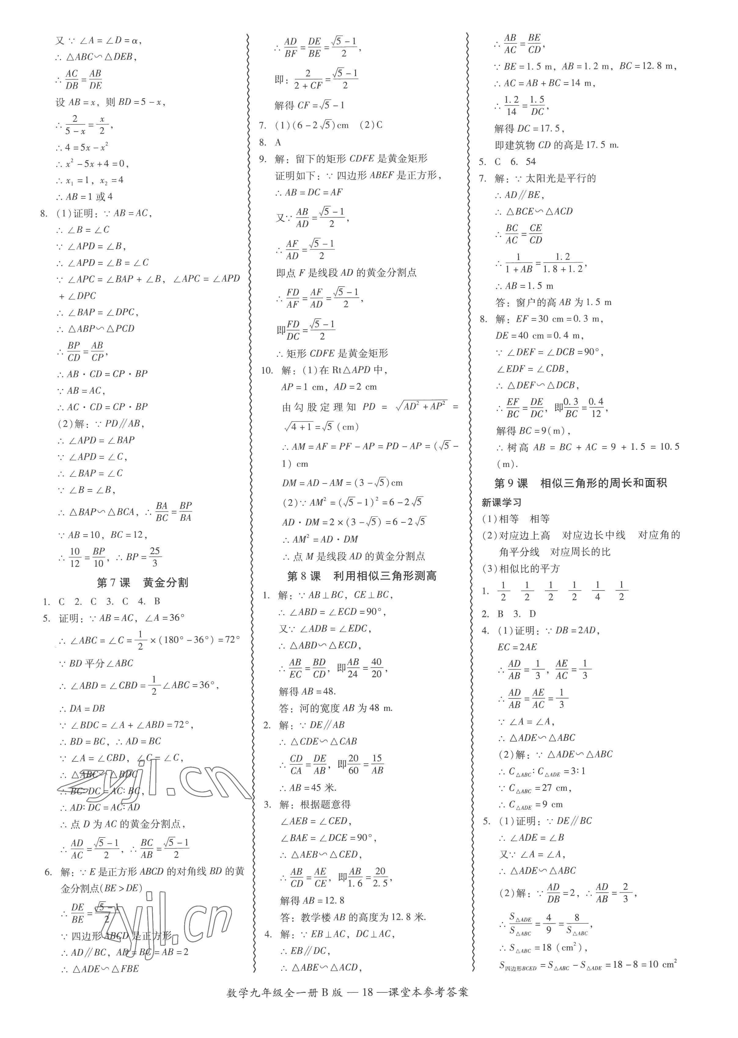 2022年零障礙導(dǎo)教導(dǎo)學(xué)案九年級數(shù)學(xué)全一冊北師大版 參考答案第18頁