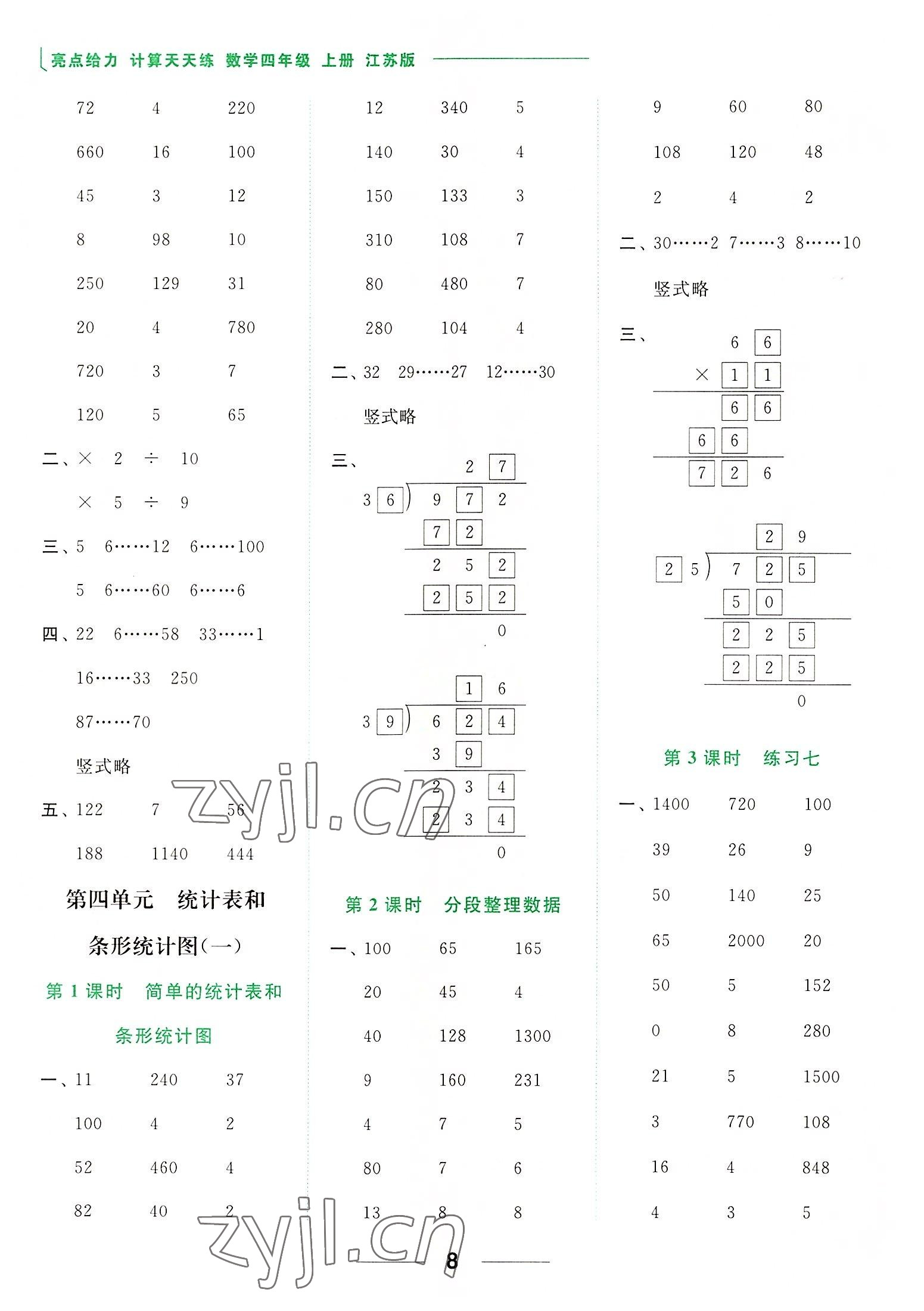 2022年亮點給力計算天天練四年級數(shù)學上冊蘇教版 參考答案第8頁