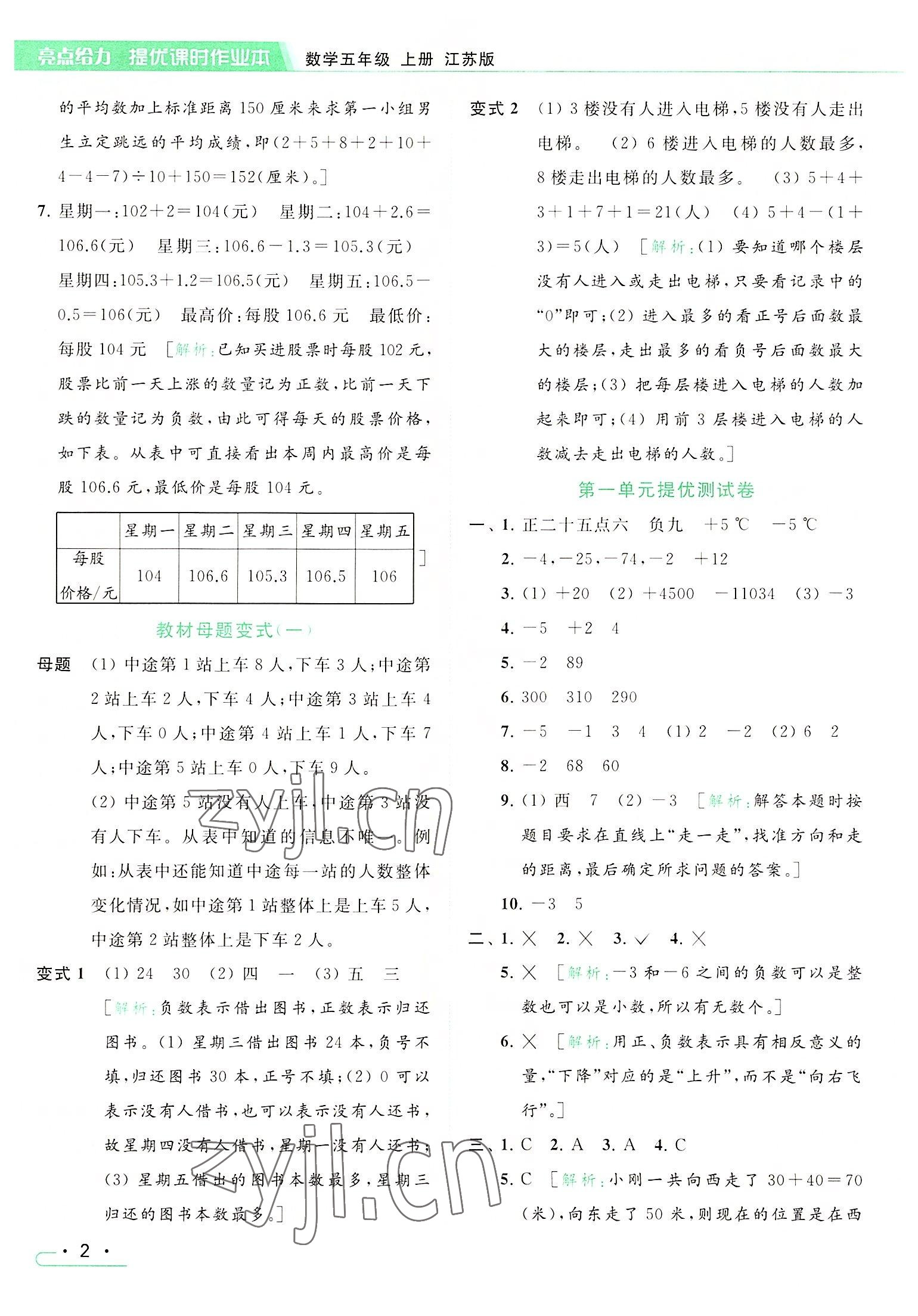 2022年亮点给力提优课时作业本五年级数学上册江苏版 参考答案第2页