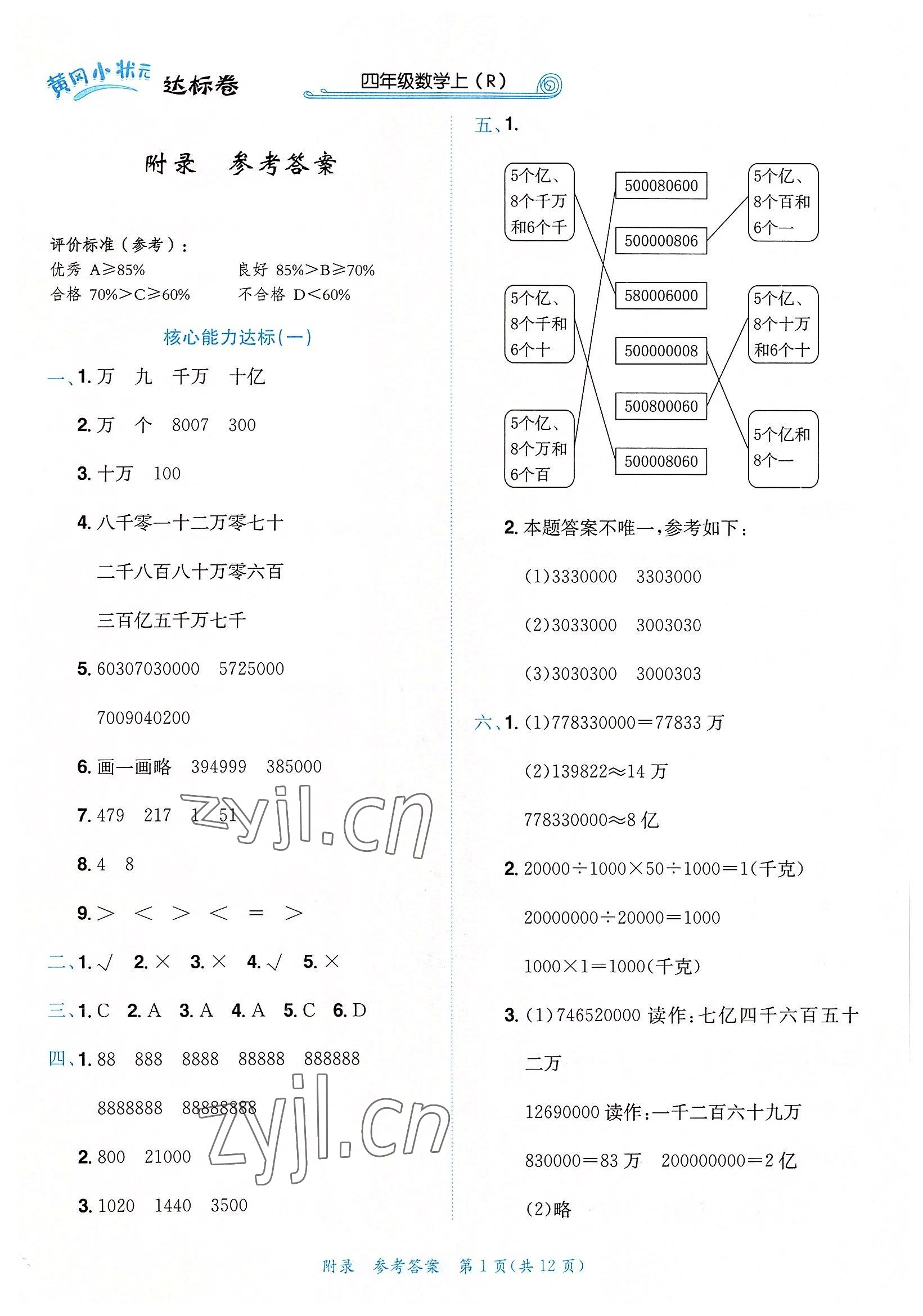 2022年黃岡小狀元達(dá)標(biāo)卷四年級數(shù)學(xué)上冊人教版 第1頁