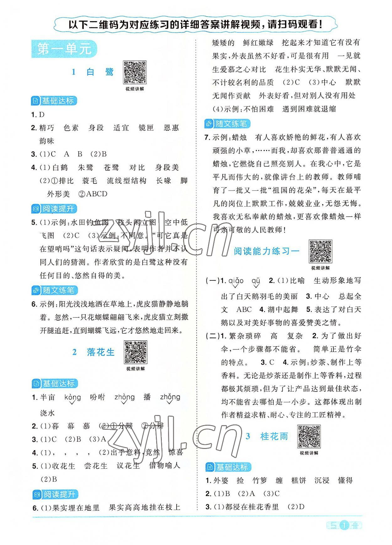 2022年阳光同学课时优化作业五年级语文上册人教版 参考答案第1页