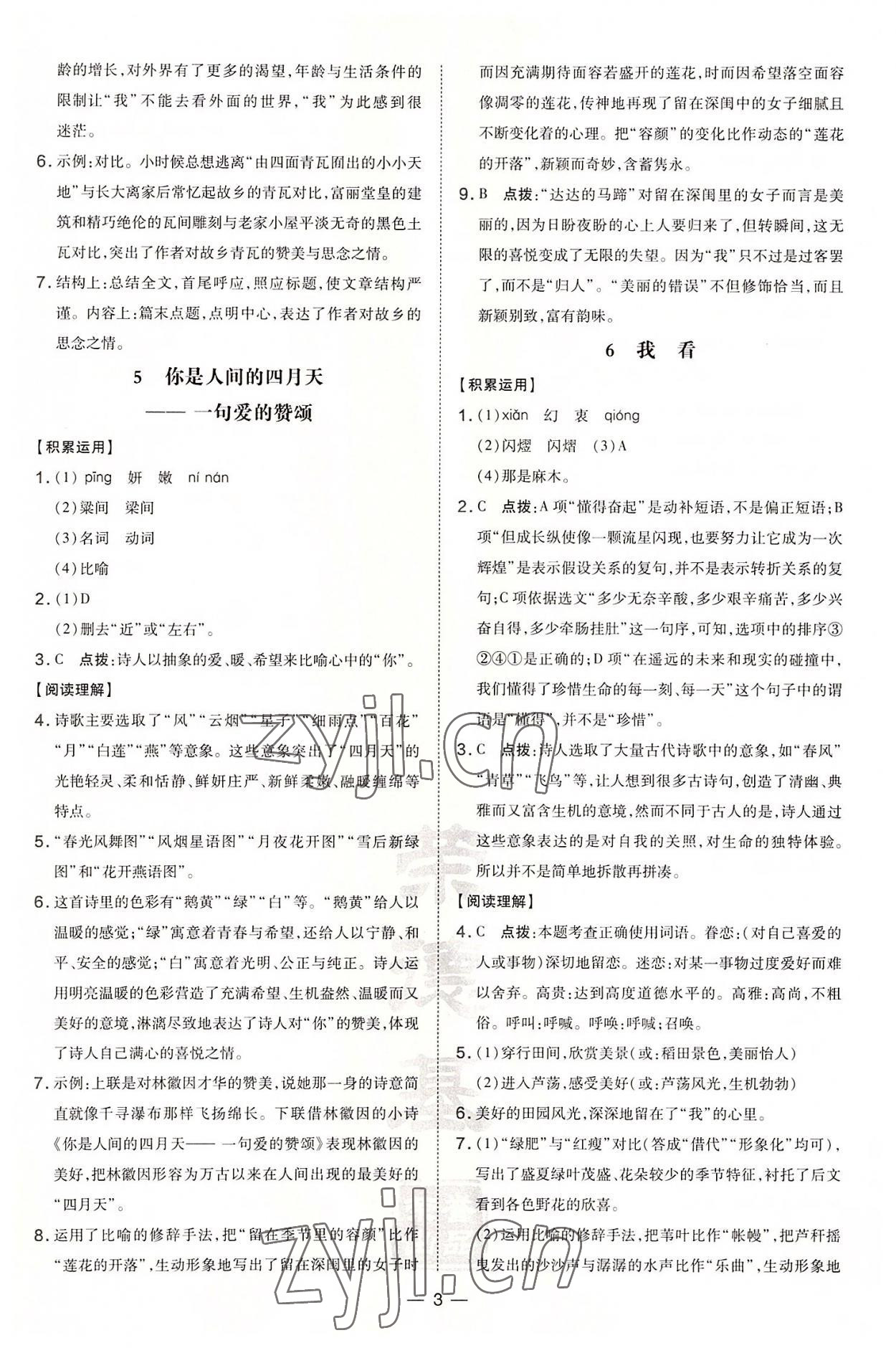 2022年點撥訓(xùn)練九年級語文上冊人教版安徽專版 參考答案第3頁