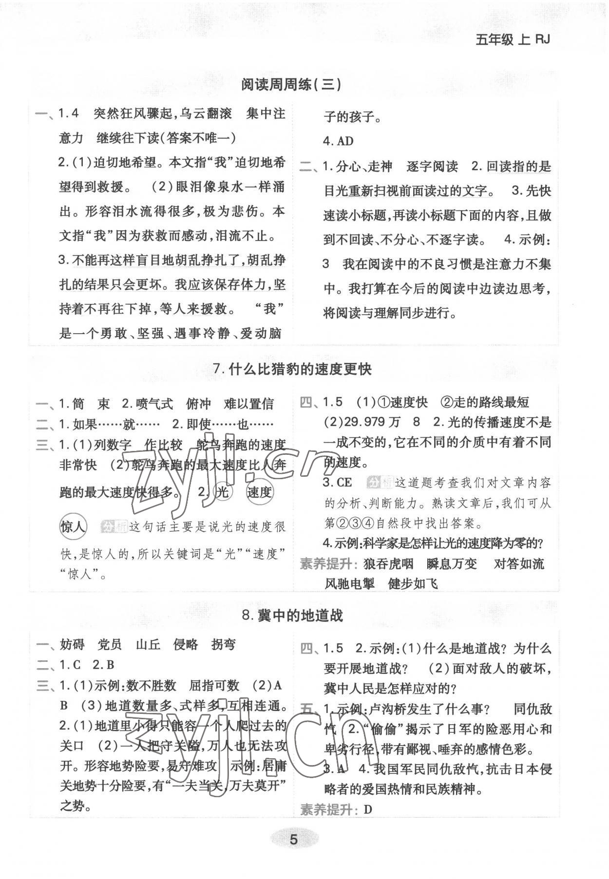 2022年黃岡同步練一日一練五年級語文上冊人教版浙江專用 參考答案第5頁