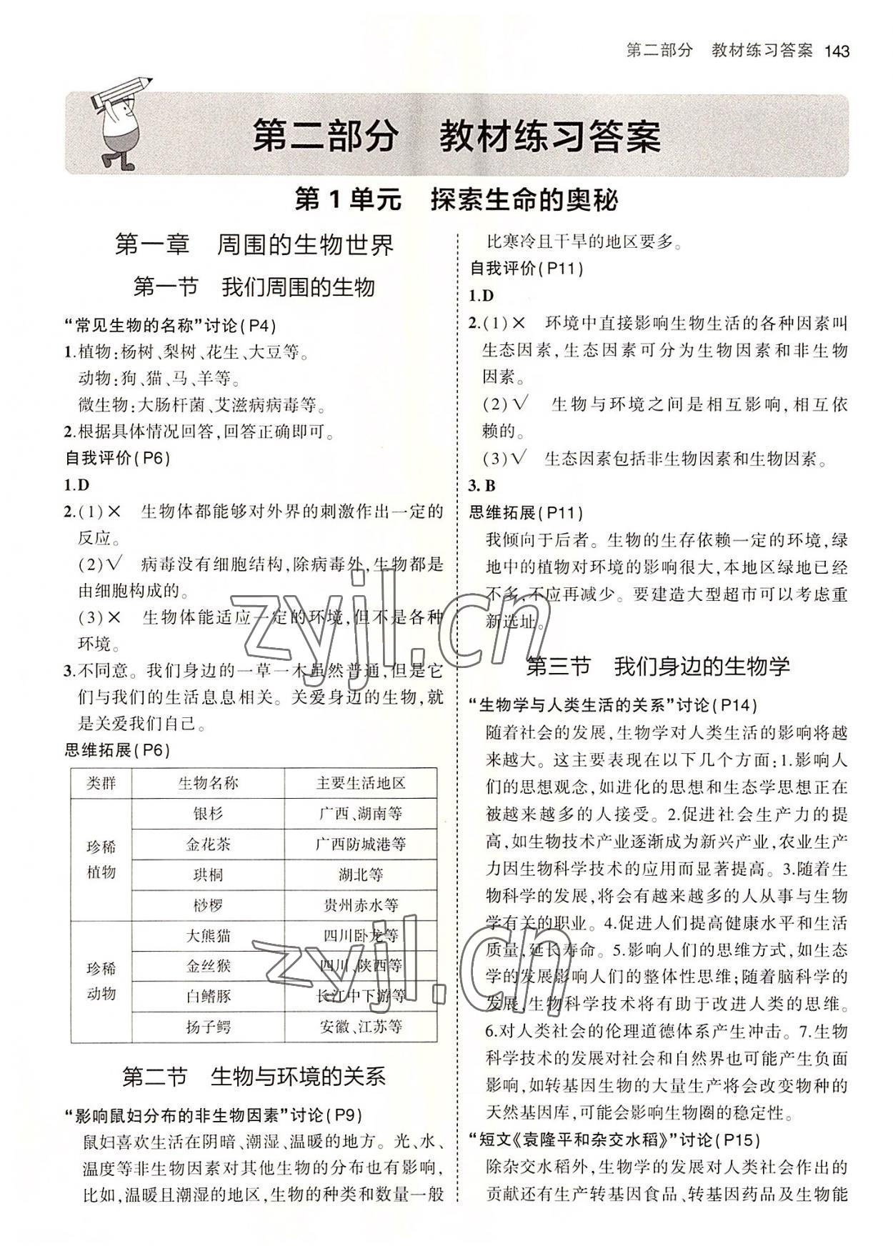 2022年教材课本七年级生物上册苏教版 参考答案第1页