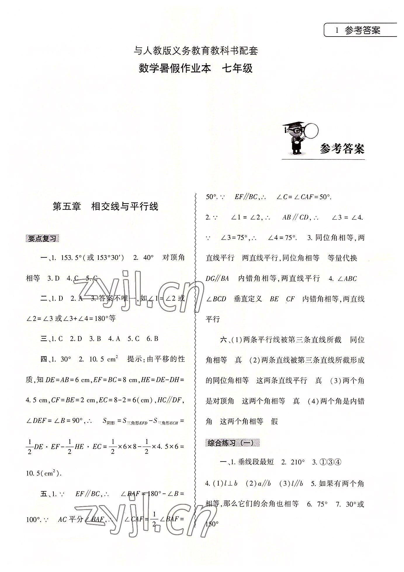 2022年暑假作业本大象出版社七年级数学人教版 参考答案第1页