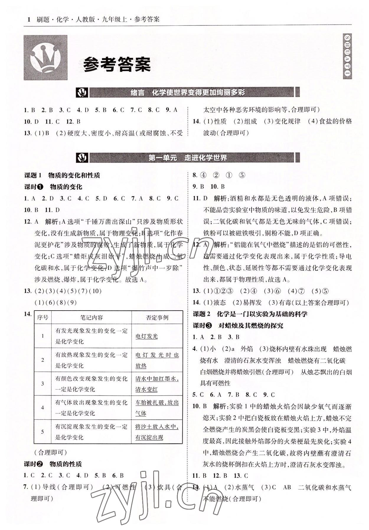 2022年北大绿卡刷题九年级化学上册人教版 参考答案第1页