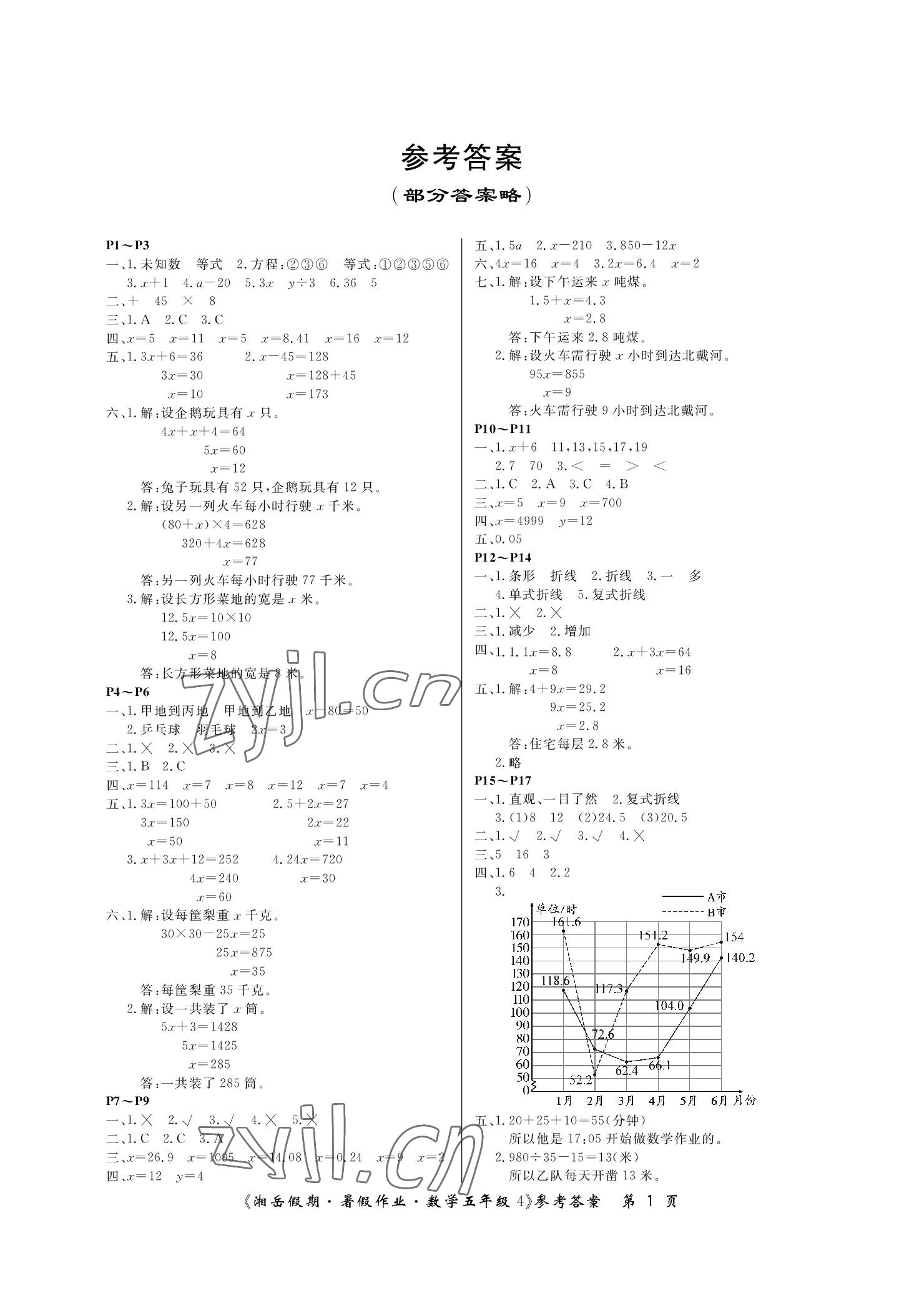 2022年湘岳假期暑假作业五年级数学苏教版 参考答案第1页